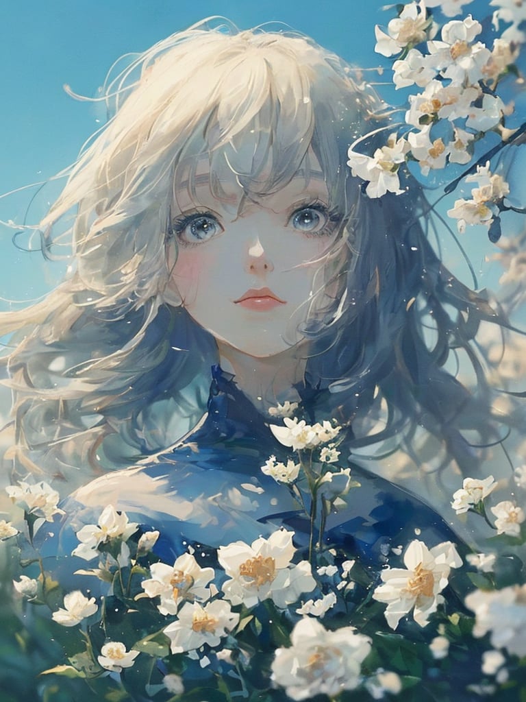 shuic01,1girl,solo,flower,blurry background,looking at viewer,outdoors,blue sky,dress,portrait,<lora:SHUICAI01:0.8>,