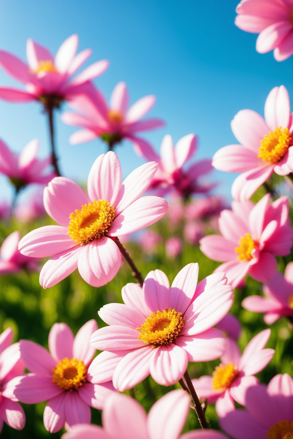 blue sky, blurry, blurry background, blurry foreground, branch, cherry blossoms, cloud, daisy, day, depth of field, flower, lily \(flower\), motion blur, outdoors, petals, pink flower, sky, spring \(season\), white flower