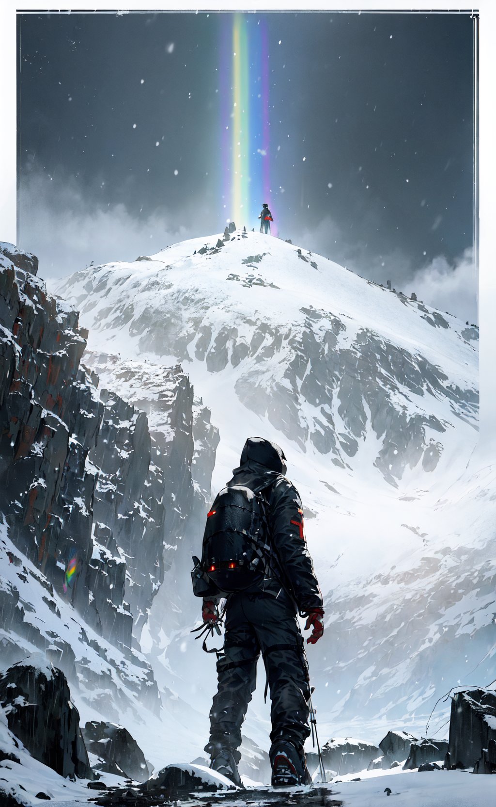 realistic photograph of Norman Reedus hiking through the mountains, Death Stranding, close-up, hood up, bulky jumpsuit, backpack, rainbow, snow, snowy, snowing, windy, river, blizzard, from below, from behind, dramatic angle