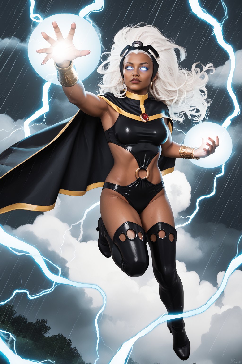 score_9, score_8_up, score_7_up, masterpiece, high quality <lora:Storm ClassicPonyLoRA:0.8>strm, dark-skinned female, long hair, white eyes, no pupils, glowing eyes, headgear, tiara, cape, bracer, leotard, o-ring, highleg, thighs, thigh boots, lightning, flying, electricity, rain, magic, energy ball