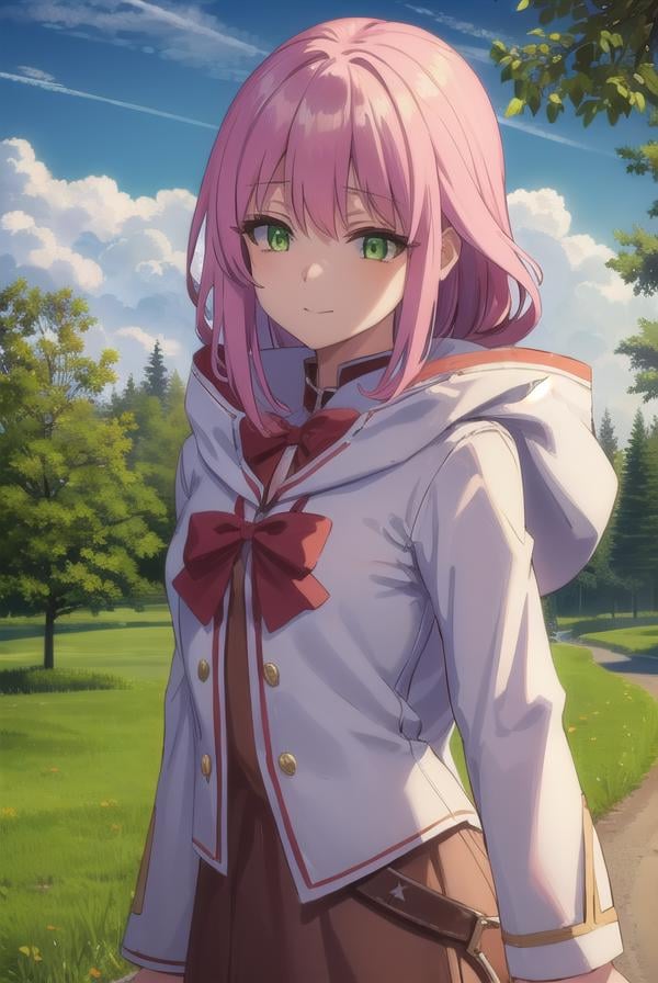 nornclatalissajioral, <lora:norn clatalissa jioral s1-lora-nochekaiser:1>,norn clatalissa jioral, long hair, hair between eyes, (green eyes:1.5), pink hair, smile,BREAK long sleeves, dress, bow, red bow, hood, robe, white robe,BREAK outdoors, forest, nature, grass, trees, sun, sky, clouds,BREAK looking at viewer, (cowboy shot:1.5),BREAK <lyco:GoodHands-beta2:1>, (masterpiece:1.2), best quality, high resolution, unity 8k wallpaper, (illustration:0.8), (beautiful detailed eyes:1.6), extremely detailed face, perfect lighting, extremely detailed CG, (perfect hands, perfect anatomy),