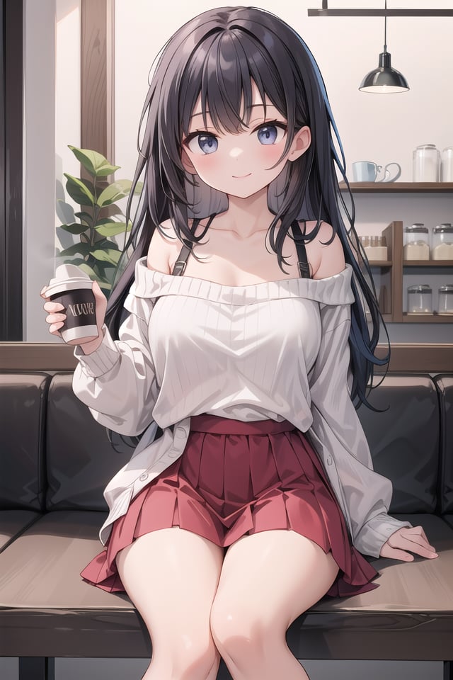 insanely detailed, absurdres, ultra-highres, ultra-detailed, best quality,1girl, solo, nice hands, perfect hands,BREAKwearing sweater, off shoulder sweater, one piece sweater, sweater with long sleeves, bare shoulder, collarbone, red skirtBREAKhappy smile, laugh, closed mouth,sitting, holding coffee cup,from below, cowboy shot, looking at viewerBREAKslender, kawaii, perfect symmetrical face, ultra cute girl, ultra cute face, ultra detailed eyes, ultra detailed hair, ultra cute, ultra beautiful,BREAKindoors, in coffee shopBREAKlarge breasts, black hair, long hair, black eyes