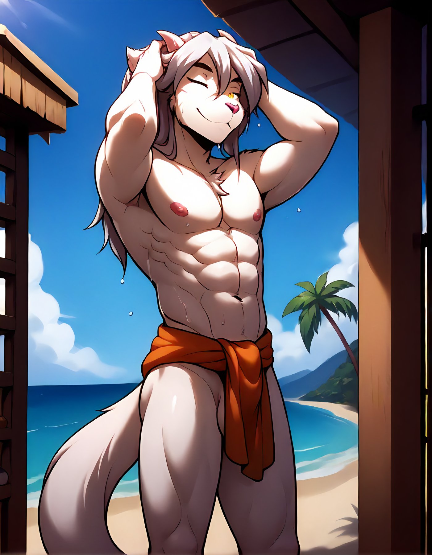 score_9, score_8_up, score_7_up, score_6_up,source_furry,rating_explicit, (solo:1.2), 1boy male muscular, wet fur, wet hair, walking out of the shower, towel around waist, (hands in hair:1.3), eyes closed, fluffy tail, beach hut, tropical, palm tree,, <lora:Furry_Nora_TwoKinds_PDXL_epoch_6:1>, anthro, tkfurrynora, fullcolour, slit pupils, white fur, white hair, yellow eyes