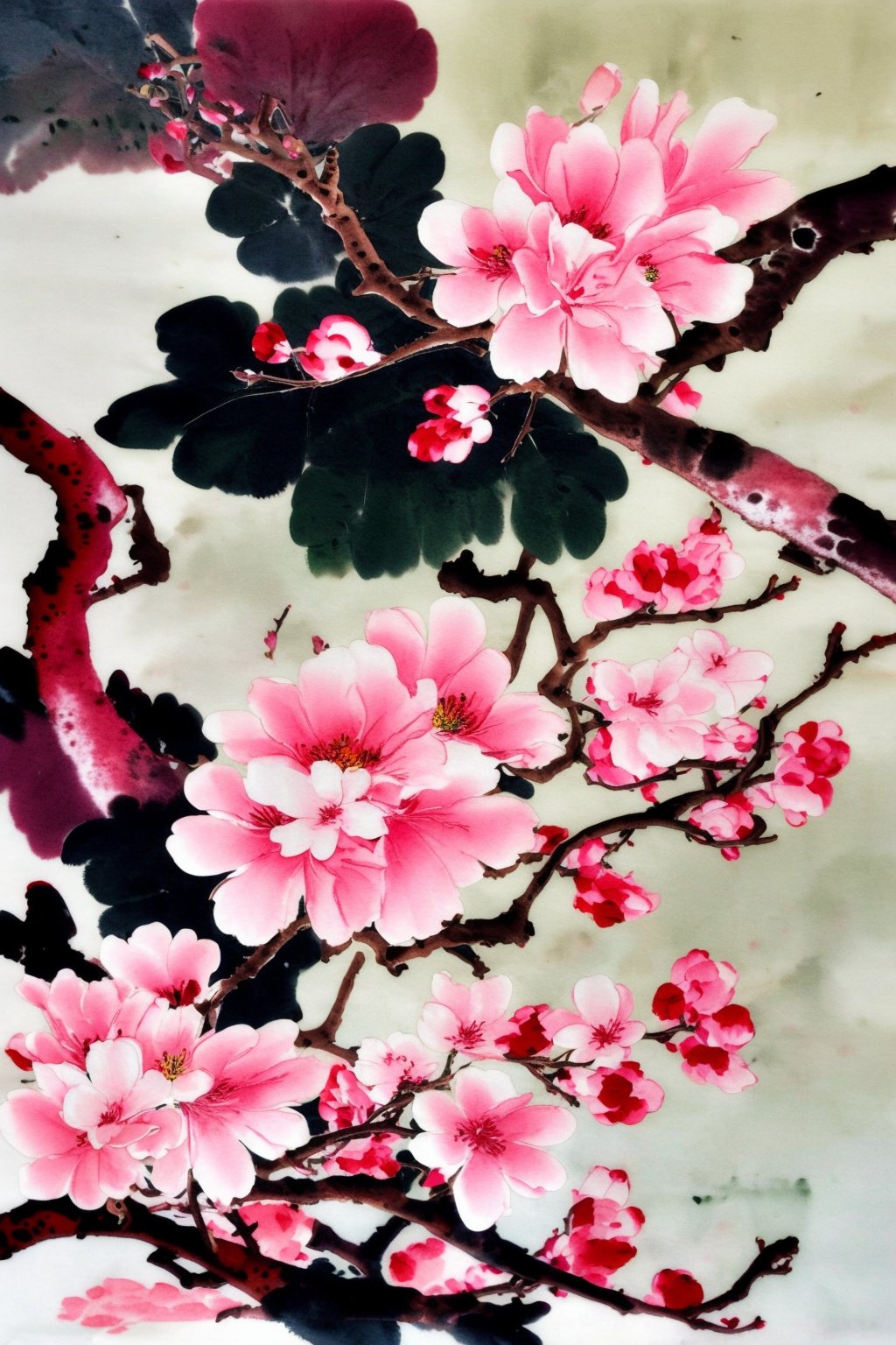 <lora:AgainChineseInkPainting:1>,AgainChineseInkPainting, branch, no humans, bird, flower, tree, traditional media, animal focus, chinese ink painting, white background, peach blossom, simple background, animal, painting \(medium\), watercolor \(medium\), in tree, pink flower, grey background