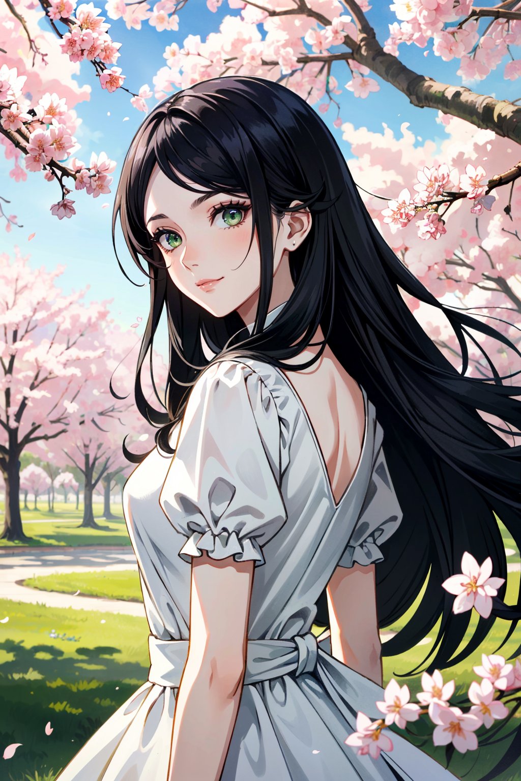 ((ultra detailed, masterpiece, best quality))<lora:AliceMadness:0.8>AliceMadness, 1girl, solo, long hair, black hair, green eyes, Amongst blooming cherry blossoms in a park, soft natural light, a flowing spring dress, a gentle smile capturing the essence of joy