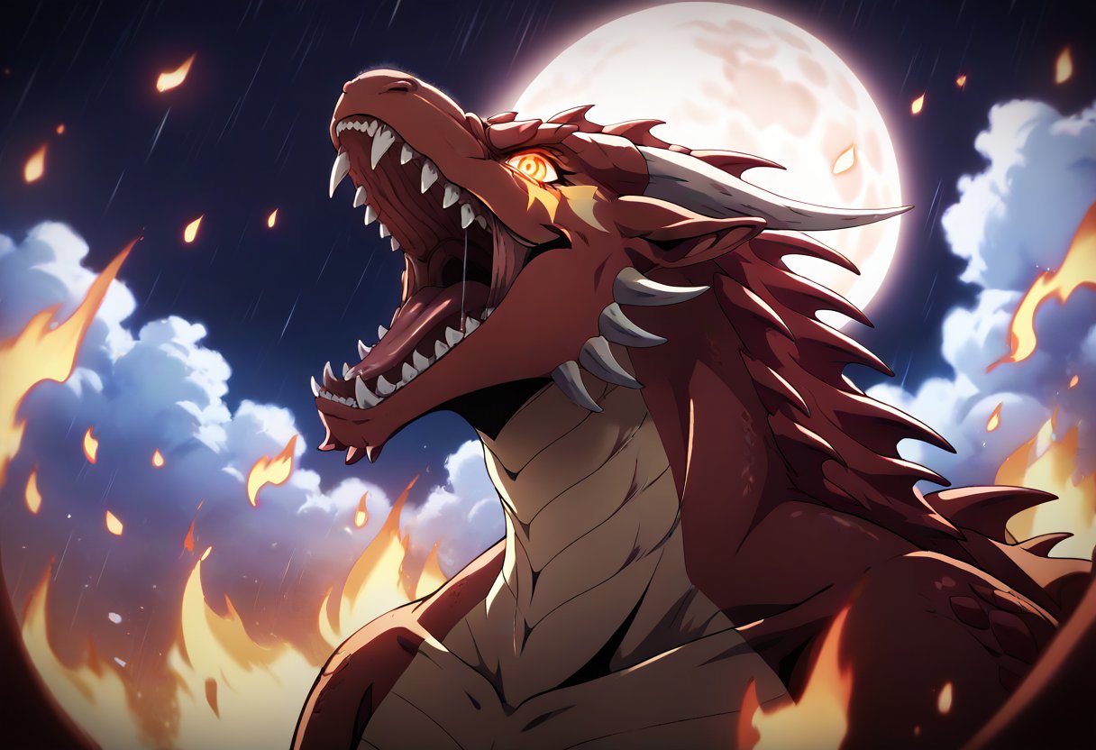 score_9, score_8_up, score_7_up, monster, dragon, angry, glowing, glowing eyes, open mouth, fangs, fire in mouth, (contrast), dark light, (dark composition:1.3), no humans, (red moon), blood on face, profile, rain, clouds