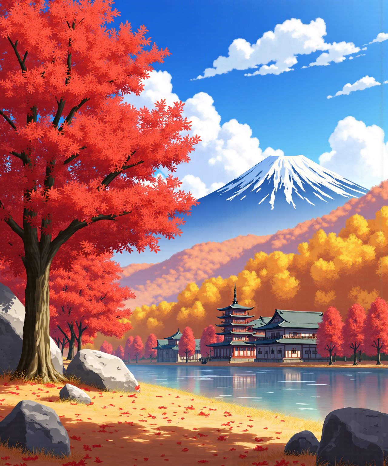 <lora:flux-shock-scenery:1>,The image is a digital illustration of a beautiful landscape with a mountain in the background. The sky is blue with white clouds and the mountains are covered in orange and yellow leaves, indicating that it is autumn. In the foreground, there is a large tree with red leaves, which stands out against the blue sky. The tree is in full bloom, with its branches reaching up towards the sky. On the right side of the image, there are several traditional Japanese buildings, including a pagoda and a temple, with a red roof and a tall tower. The buildings are surrounded by rocks and trees, and there are fallen leaves scattered on the ground, creating a peaceful and serene atmosphere. The overall color palette is warm and vibrant, with shades of orange, yellow, and red, giving the image a warm and autumnal feel.