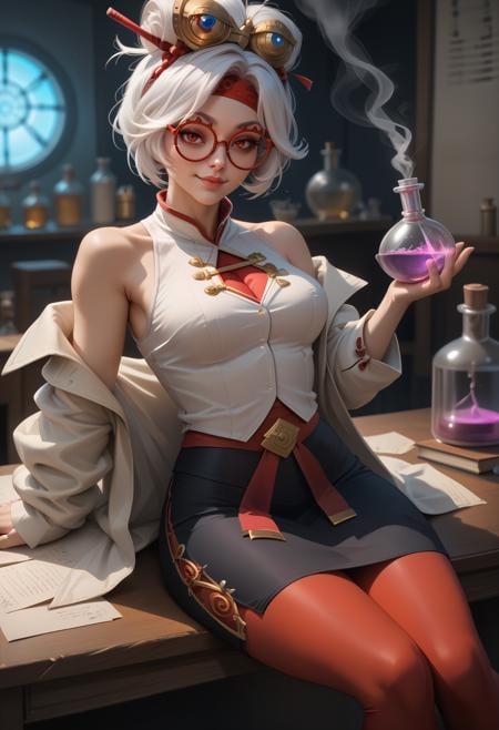 score_9, score_8_up, score_7_up BREAK purah,white hair,red eyes,hair ornament, red headband, red glasses, sleeveless shirt, white coat, black skirt, red leggings,smug,puffy lips, indoors, laboratory, fantasy, potion,vial,magic,smoke,sitting,desk,depth of field,papers <lora:purah-pdxl-nvwls-v1:0.8> 