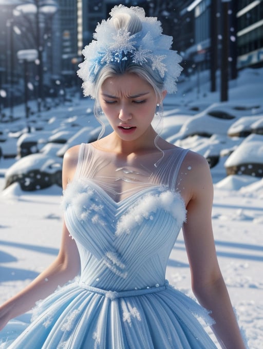 best quality, masterpiece, highres, detailed, realistic, <lora:Tools - add_detail:0.2>, IceElementCh, ice, blue theme, ice body:2,  <lyco:Change - IceElementCh:0.8>, an angry woman in a beautiful dress, upper body, japanese, shibuya, snow, 