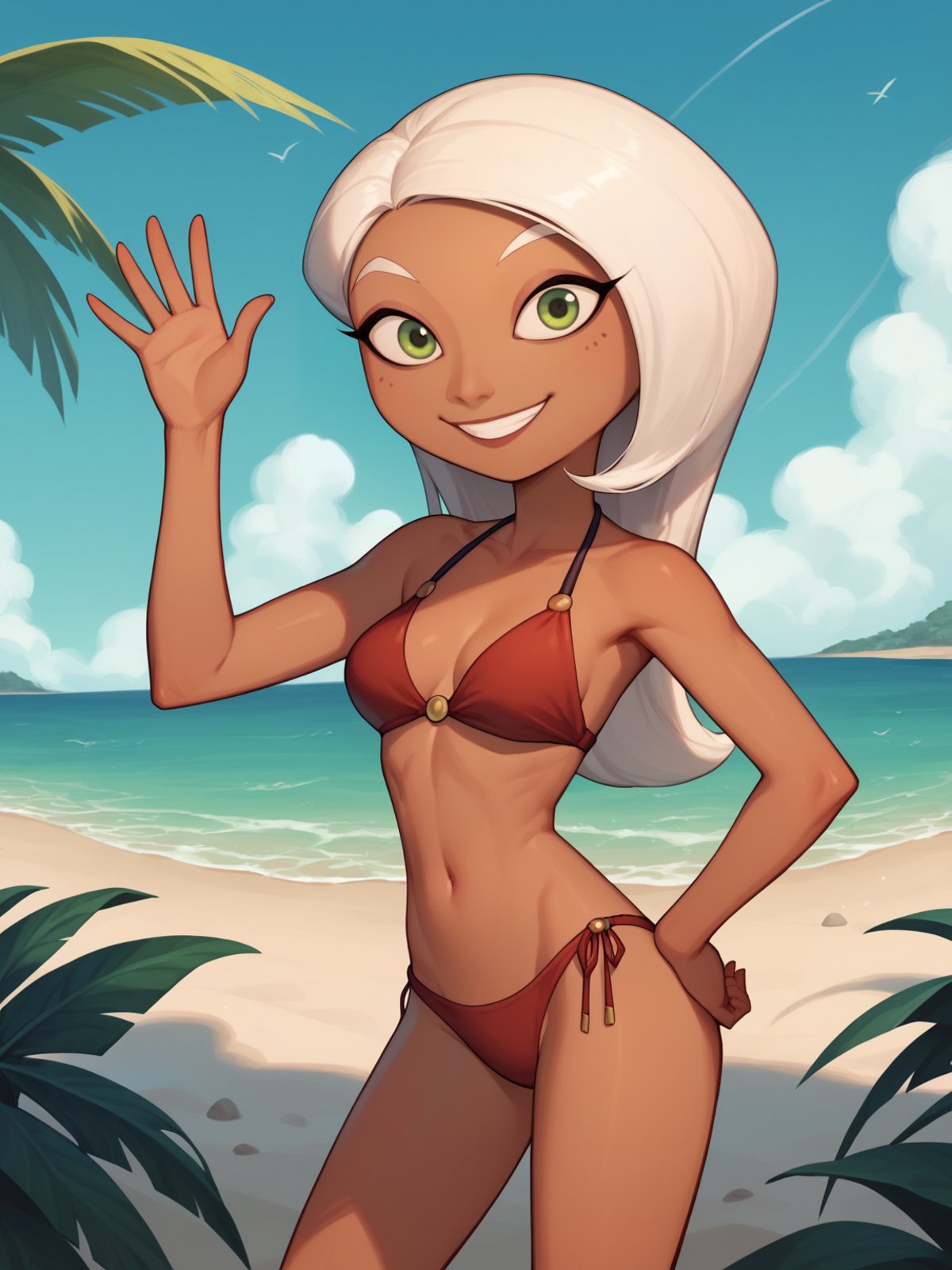 score_9, score_8_up,1girl, mirage, white hair, long hair, green eyes, dark skin, makeup,red bikini,waving, smile, solo, looking at viewer, sea, sand, blue sky, tropical island background   <lora:MirageXLv2:1>