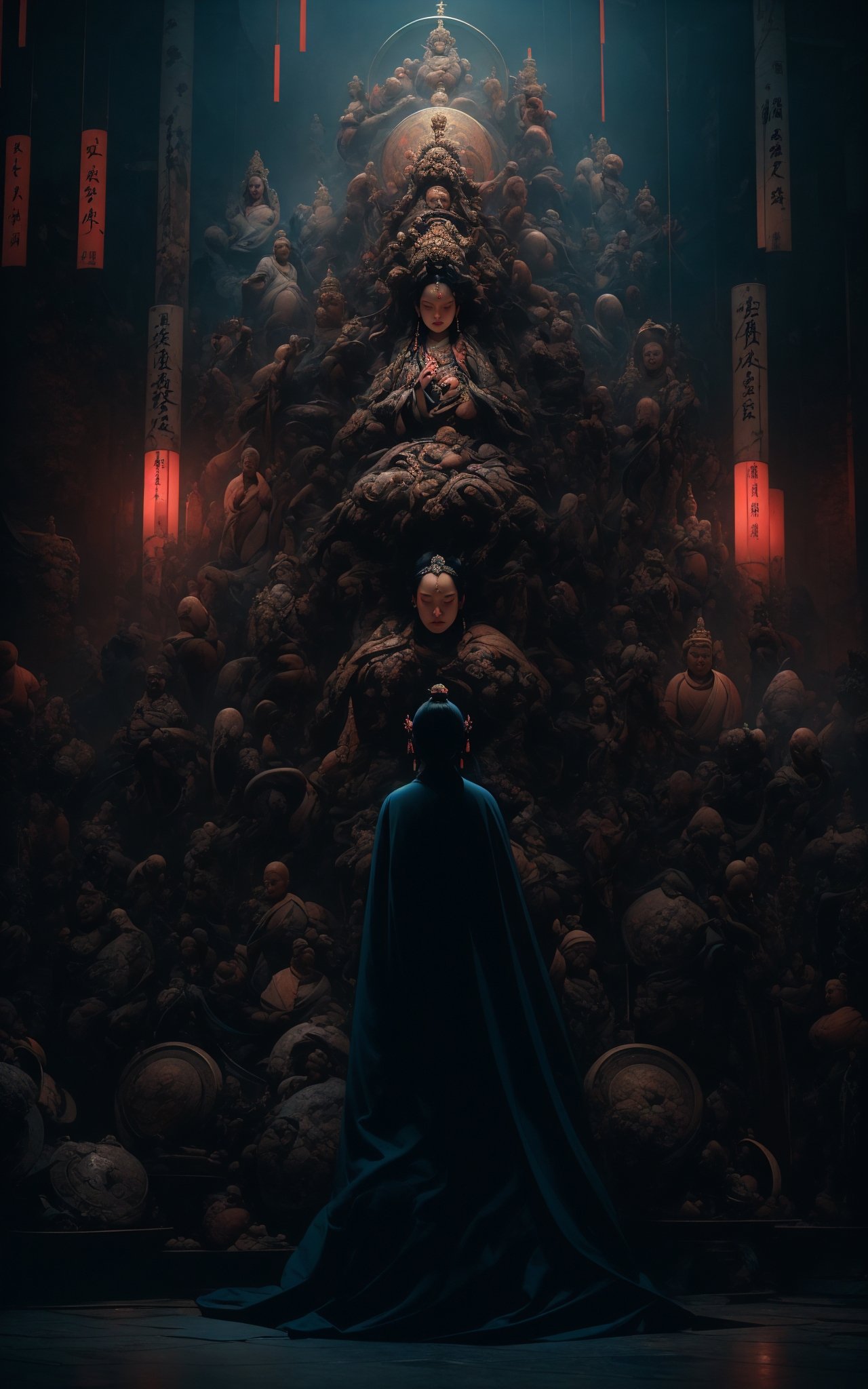 a woman meditating in front of lots of masks, in the style of zhang jingna, photomontage, hirohiko araki, oriental, sergio toppi, theatrical, poster art，(full body:1.5),(dramatic, gritty, intense:1.4),masterpiece, best quality, 8k, insane details, intricate details, hyperdetailed, hyper quality, high detail, ultra detailed, Masterpiece,A shot with tension，(sky glows red,Visual impact,giving the poster a dynamic and visually striking appearance:1.2),Chinese Zen style,impactful picture,<lora:绪儿已成精-佛:0.8>