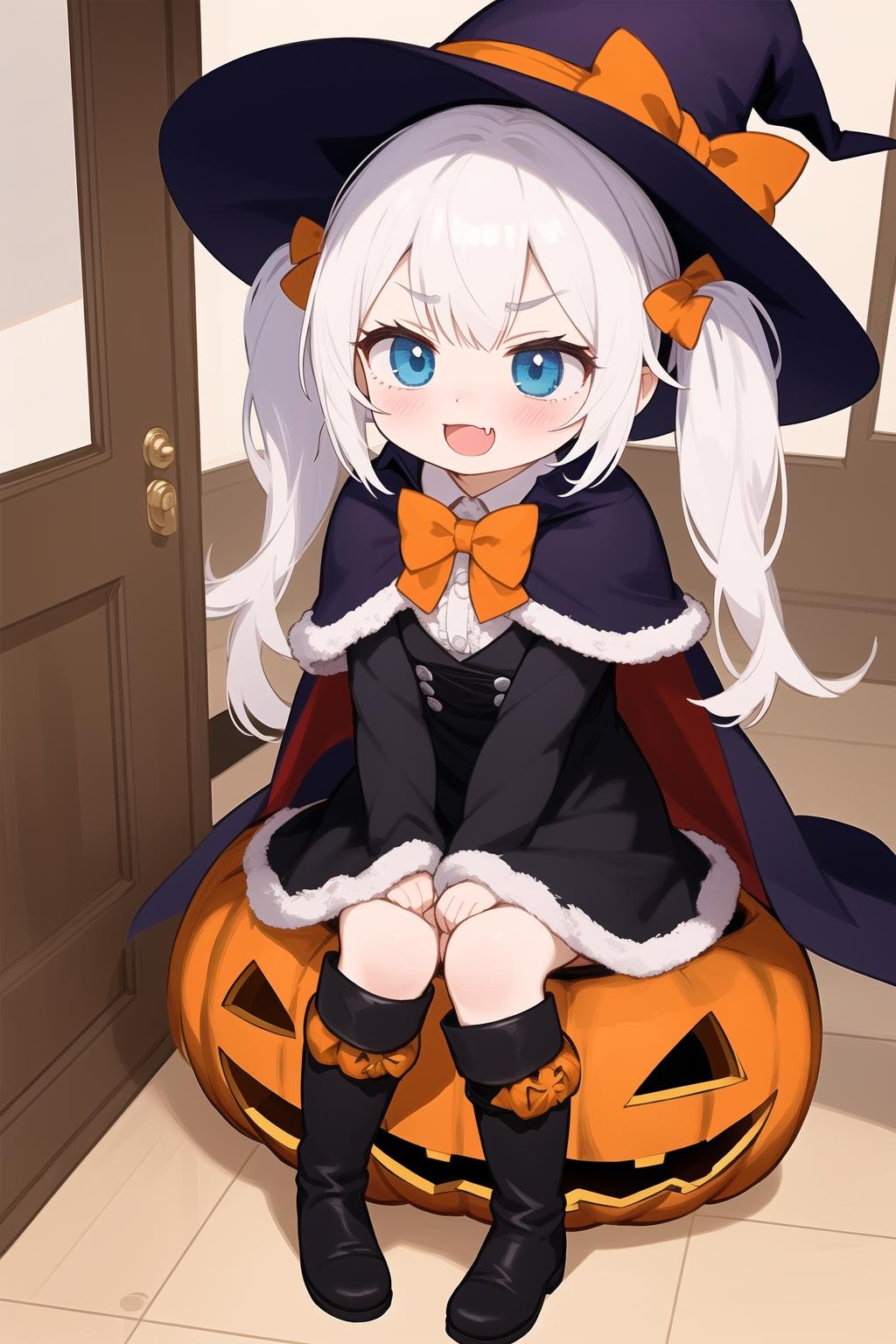 indoors,door,open door,halloween,halloween bucket,lollipop,sidelocks,1girl,solo,witch,kawaii,full body,blue eyes,blush,nose blush,open mouth,^^^,wavy mouth,(evil smile:1.3),fang,embarrassed,v-shaped eyebrows,white hair,bangs,o_o,long hair,twintails,standing,hand between legs,holding basket,pee,peeing,have to pee,peeing self,between legs,trembling,trick or treat,hat,witch hat,halloween costume,dress,black dress,short dress,bowtie,red bowtie,bow,red bow,black headwear,stocking,black stocking,boots,knee boots,black footwear,long sleeves,capelet,cape,red capelet