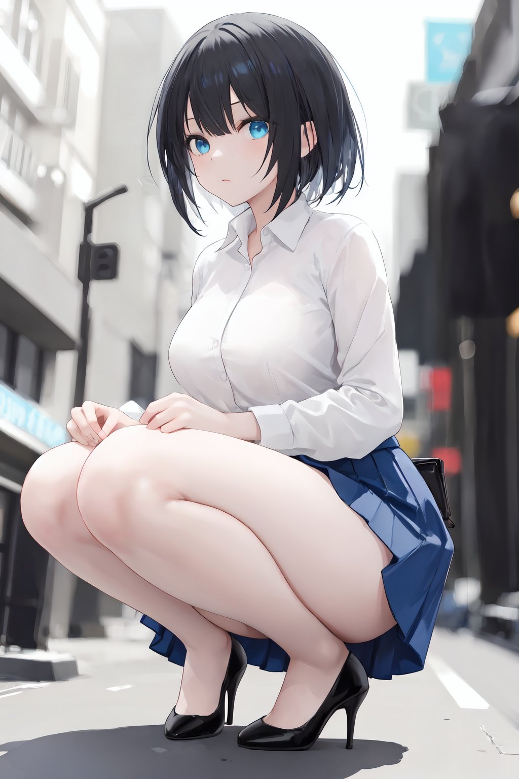 a woman is squatting on a city sidewalk in a white shirt blue skirts,1girl,solo,skirt,black hair,high heels,shirt,blurry background,blurry,short hair,