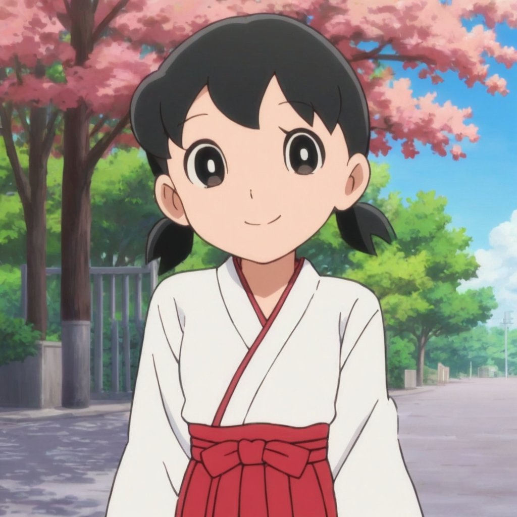 score_9, score_8_up, score_7_up, score_6_up, score_5_up, score_4_up, source_anime,minamoto shizuka,1girl, solo, japanese clothes, black hair,miko, black eyes, smile, twintails, outdoors, hakama, looking at viewer, skirt, short hair, day, short twintails, hakama skirt, tree, red hakama, long sleeves,masterpiece, perfect face, best quality, beautiful girl, cute girl, beautiful eyes, shiny eyes, anime coloring, anime screencap, absurdres, outdoors,<lora:cr81e6de878c73fsdrs0:1>