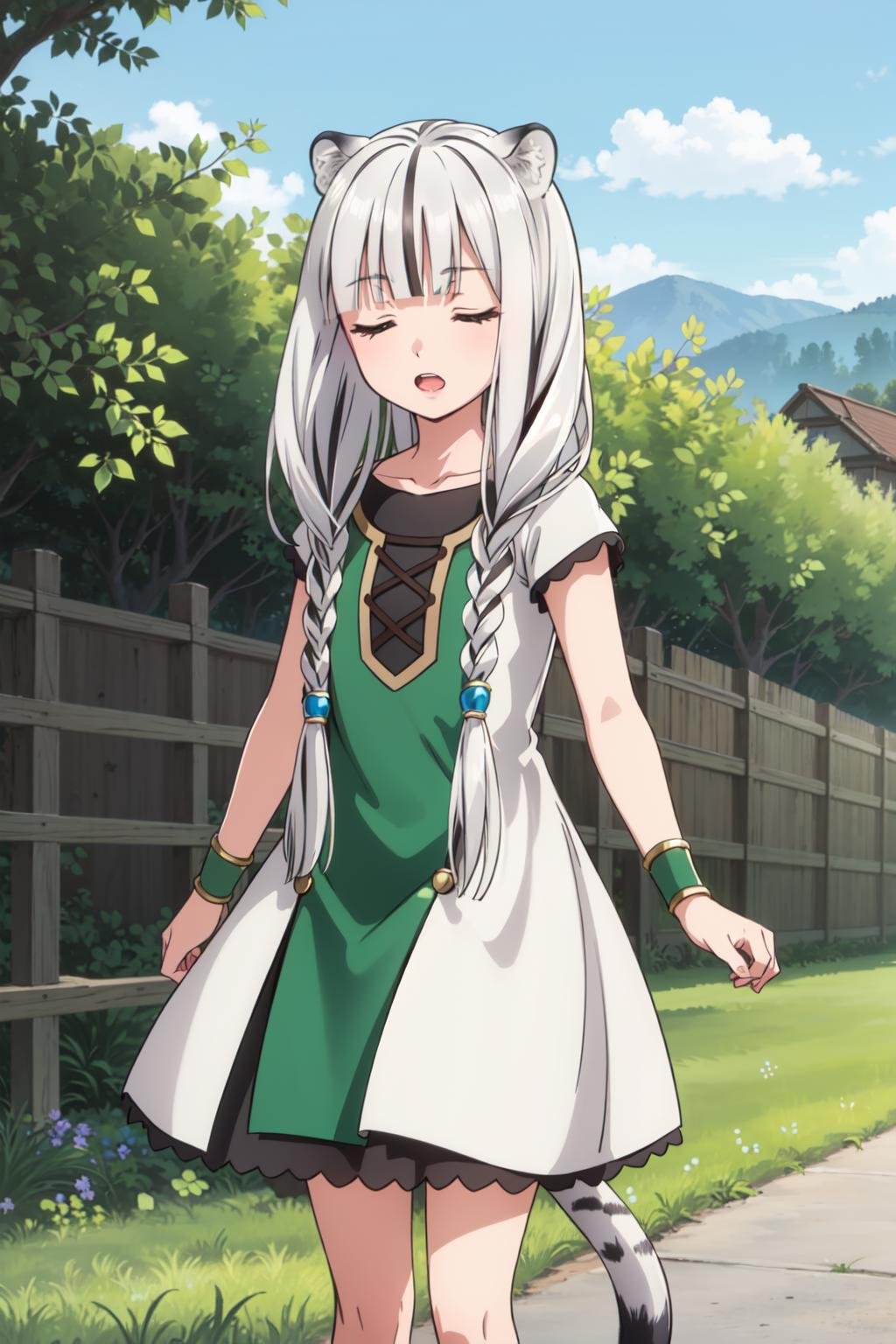 ((masterpiece)), (best quality), (ultra-detailed), photorealistic, (best illustration), ((an extremely delicate and beautiful)), 1girl, solo, long hair, tiger ears, tiger tail under, white hair, two-tone hair, feet out of frame, upper body, white dress, (green dress:1), multicolored dress, cross-laced, standing, closed eyes, open mouth, black skirt, short sleeves, detailed scenery, blue sky, horizon, low twin braids, twin braids, hair ornament, bracelet<lora:atla_nai_4:0.8:lbw=INS_MIDD> 