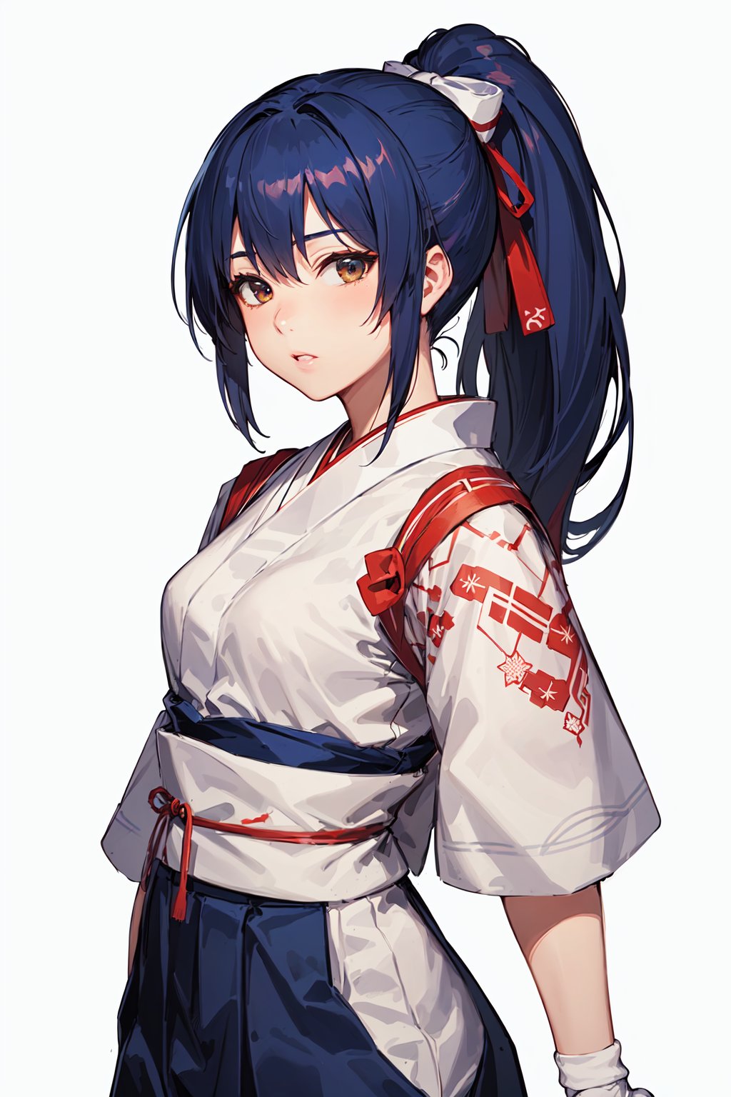 (masterpiece, top quality, best quality, official art, beautiful and aesthetic:1.2), (1girl:1.3), (fractal art:1.3),ponytail, hakama , (blue hakama skirt:1.3),japanese clothes,  headband,(white tabi:1.3),(white japanese socks:1.5),red belt, simple background, (Cinmatic:0.4) ,upper body,  <lora:TODO KASUMI:0.8>