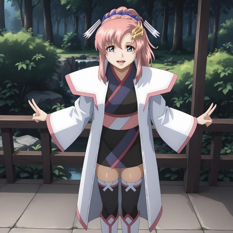 <lora:LacusClyneXLpony002>,smile,looking at viewer,open mouth,solo,LacusClyne,1girl,pink hair,ponytail,blue eyes,hair ornament,white coat,kimono,mini skirt,thighhighs,ankle_boots,outdoors,nature,full body,standing,leaning_forward,v arms,