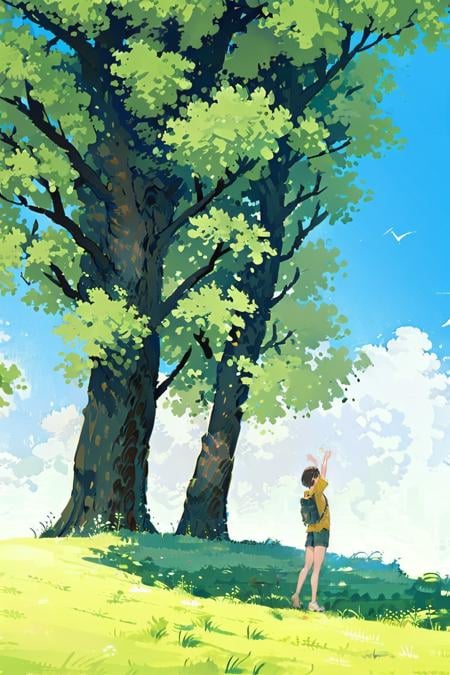 1girl, outdoors, tree, backpack, solo, day, scenery, sky, bag, yellow shirt, cloud, shirt, shorts, blue sky, fruit, grass, arm up, shadow, white shorts, short sleeves, nature, wide shot, road, brown hair, from behind, shoes, white footwear, standing, food, (illustration:1.0), masterpiece, best quality, <lora:summer tree_20230919090103:0.8>