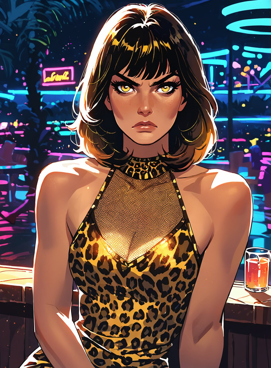 score_9, score_8_up, score_7_up, <lora:classcompxl:1>, classcompxl, vibrant color, 1girl, nightclub, dark, night, bangs, aubrun hair, short leopard print dress, serious, yellow eyes, tight dress, claws, detailed face, upper body