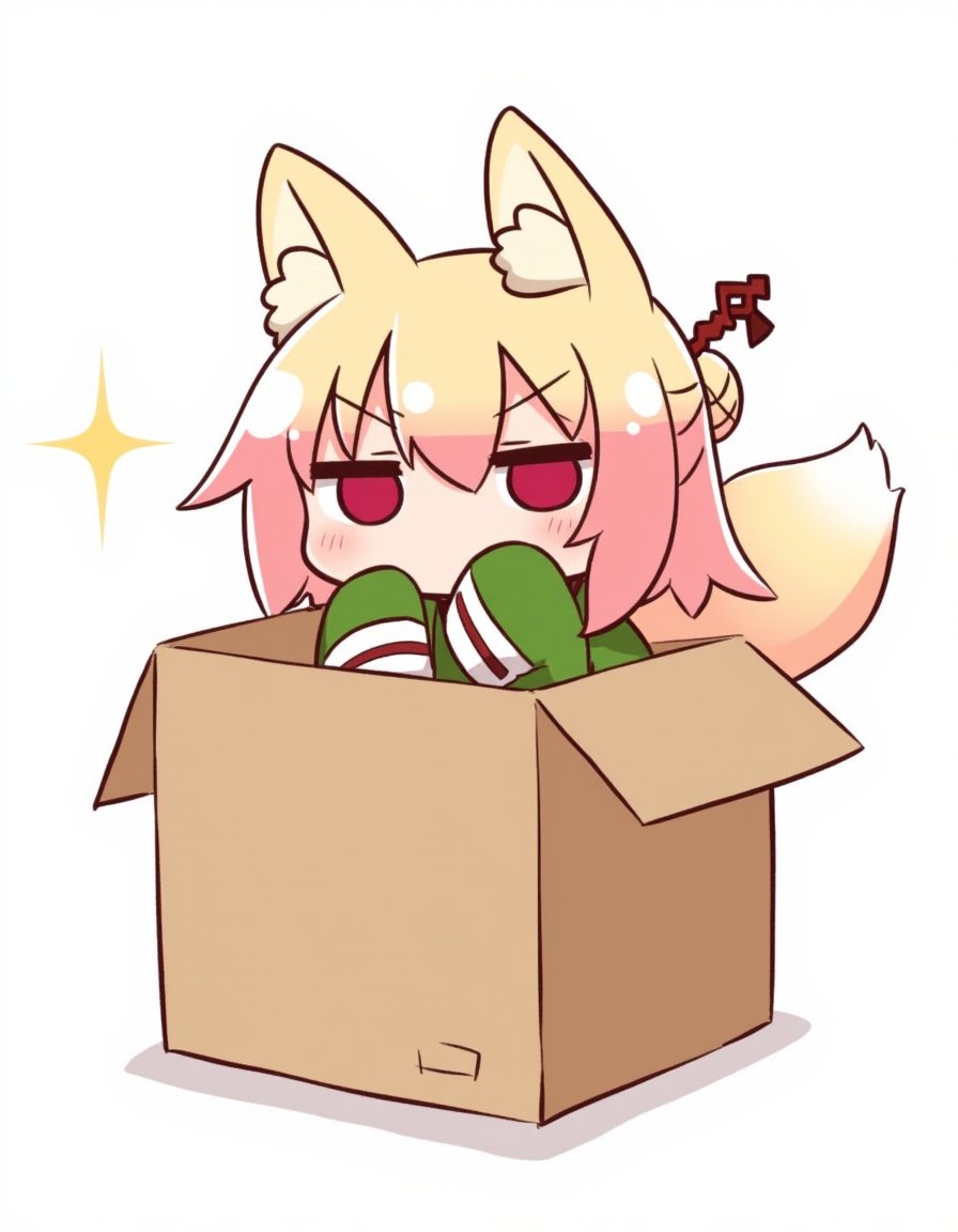 <lora:flux-test-loraqkv:1.2>,artist_kemomimi-chan_\(naga_u\),1girl, animal_ear_fluff, animal_ears, blonde_hair, blush, box, cardboard_box, commentary_request, covering_own_mouth, fox_ears, fox_girl, fox_tail, hair_between_eyes, hair_bun, hair_ornament, hands_up, highres, kemomimi-chan_\(naga_u\), long_sleeves, motion_lines, naga_u, original, red_eyes, ribbon-trimmed_sleeves, ribbon_trim, shadow, single_hair_bun, sleeves_past_fingers, sleeves_past_wrists, solo, sparkle, tail, tail_wagging, white_background,The image is a cartoon illustration of a cat sitting inside a cardboard box. The cat has a pink bow on its head and is wearing a pair of green shoes. The box is open and the cat is sitting on top of it. The background is white and there is a small star on the top left corner of the image. The overall style of the illustration is cute and cartoon-like.