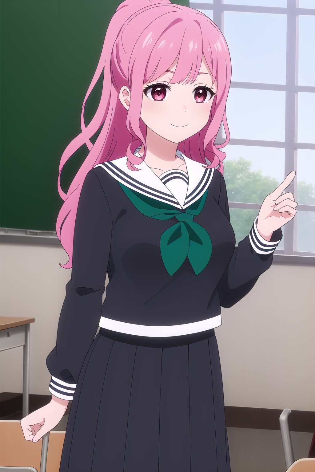 (masterpiece, best quality), highly detailed background, perfect lightingbest quality, yanagidakaoruko, solo, indoors, classroom, pink hair, high ponytail, half updo, swept bangs, wavy hair, very long hair, sidelocks, pink eyes, medium breasts, black serafuku, black shirt, white sailor collar, green neckerchief, long sleeves, black skirt, pleated skirt, school uniform, smile, closed mouth, :), <lora:Yanagida-Kaoruko-2-10:0.7>