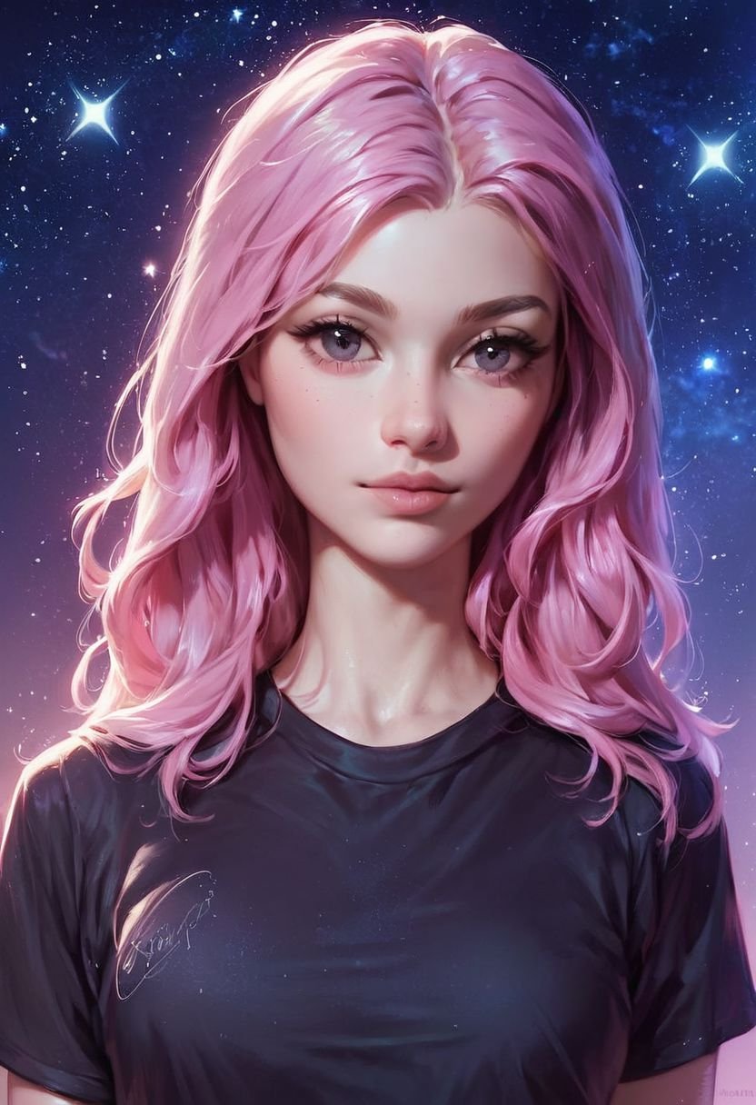 score_9, score_8_up, score_7_up, night sky, starry sky, 1girl, realistic, solo, black t-shirt, pink hair, long hair, upper body, looking at viewer