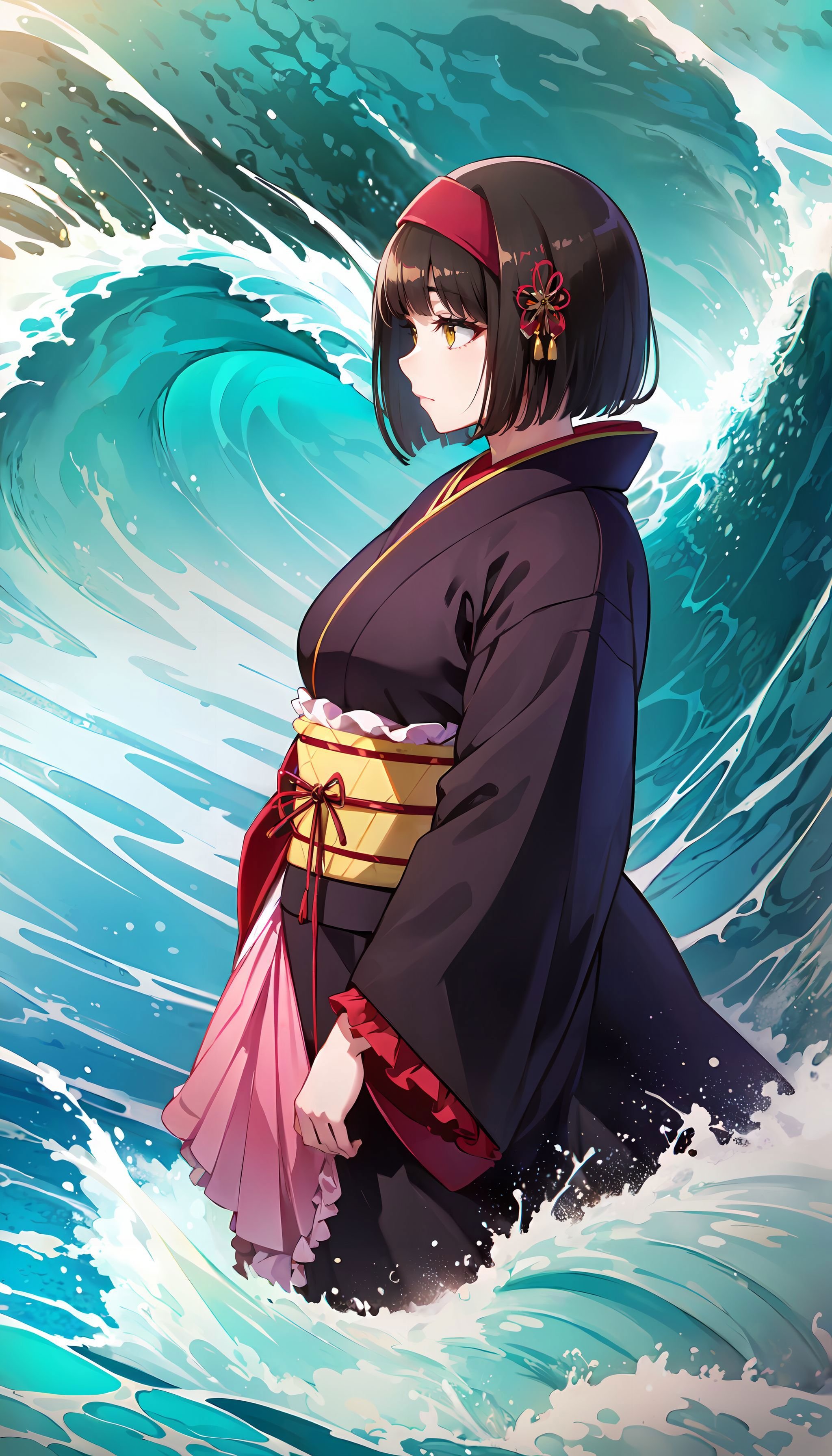 photorealistic, (4k), depth of field, (Masterpiece), (realistic skin texture), extremely detailed, intricate, hyper detailed, high resolution, professional photography, bokeh, sharp detail, best quality, woman, <lora:Mio-000004:0.7> , black hair, short hair, (black kimono), pink headdress, frills, yellow eyes, in profile ,  <lora:GoodHands-beta2:0.8> <lora:BetterFeet:0.8> <lora:detail_slider_v4:0.8> , (big waves:1.5), (surrounded by waves), ocean, stormy sea, splashing,