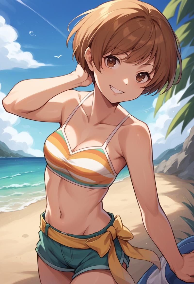 score_9, score_8_up, score_7_up, source_anime BREAK 1girl, solo, <lora:zs_ChieXL:1> chiebikini, brown hair, short hair, brown eyes, striped bikini, shorts, midriffcowboy shot, smile, beach, blue sky