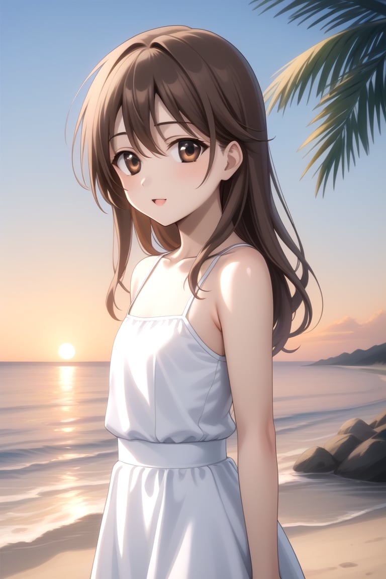 Highly detailed, High Quality, masterpiece, beautiful, BREAK 1boy, solo, male focus, 16 years old, 1boy, Yuu, long hair, collarbone, brown eyes, Brown hair, ((male chest:1.2)),BREAK beach, palm trees, sea, outdoors, sunset,BREAK dress, white dress, bare shoulders, BREAK side view, Focus waist, standing<lora:EMS-332415-EMS:0.600000>, <lora:EMS-438743-EMS:0.800000>