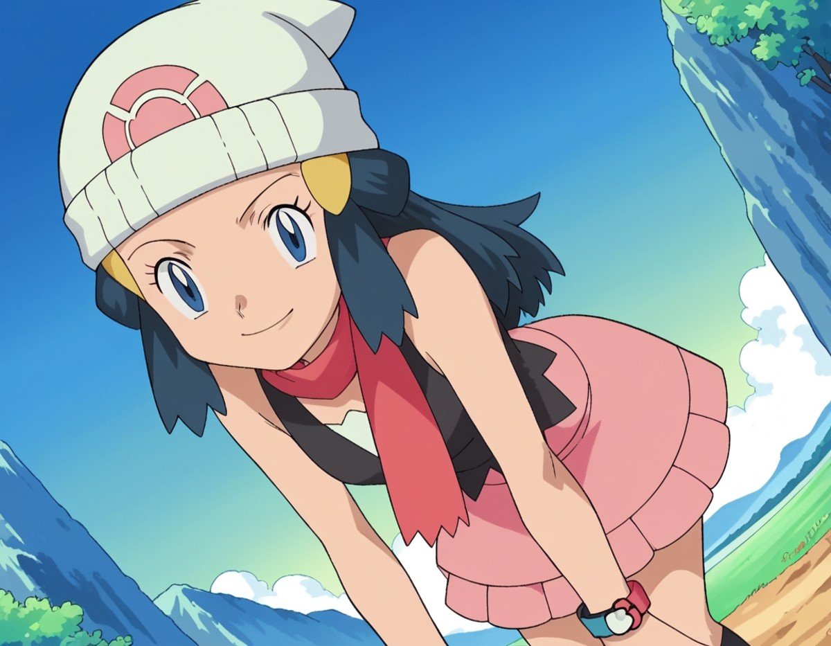 score_9, score_8_up, score_7_up, source_anime, pokemondawn, <lora:pokemon-dawn-anime-ponyxl-lora-nochekaiser:1>, pokemon dawn, black hair, blue eyes, sidelocks, long hair,, bare shoulders, beanie, black shirt, black socks, bracelet, hat, jewelry, kneehighs, miniskirt, pink skirt, red scarf, scarf, shirt, skirt, sleeveless, sleeveless shirt, white headwear,, landscape, bent over, smile, looking at viewer, solo, cowboy shot, dutch angle