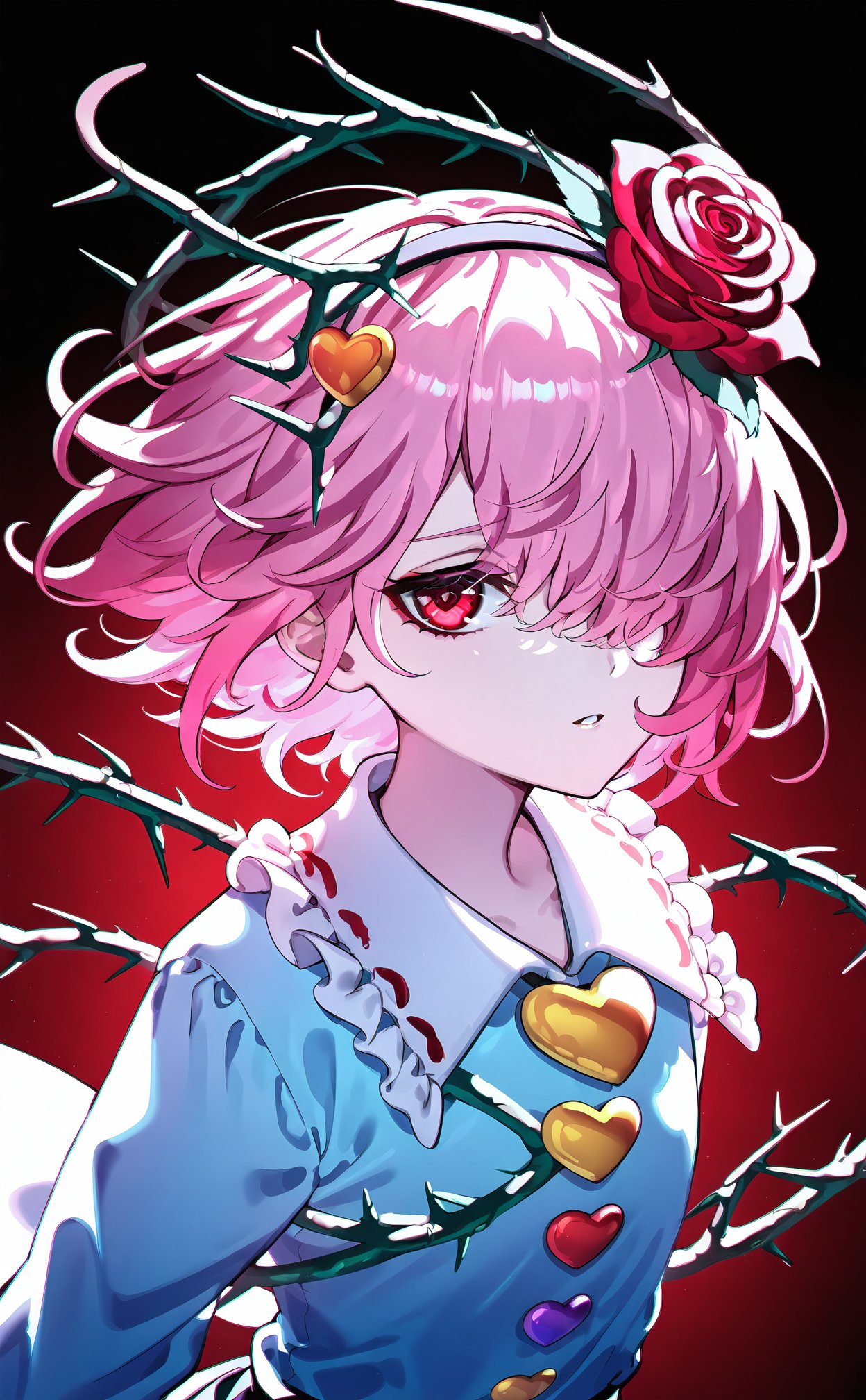 masterpiece,best quality,high quality,(colorful),loli,1girl,flower,rose,solo,hair ornament,blue shirt,thorns,pink hair,heart button,shirt,komeiji satori,red rose,red flower,frilled shirt collar,heart,looking at viewer,hair over one eye,frills,blood,short hair,parted lips,heart hair ornament,upper body,buttons,hair flower,red eyes,pink eyes,collared shirt,black background,vines,one eye covered,plant,floating hair,hairband,eyebrows hidden by hair,