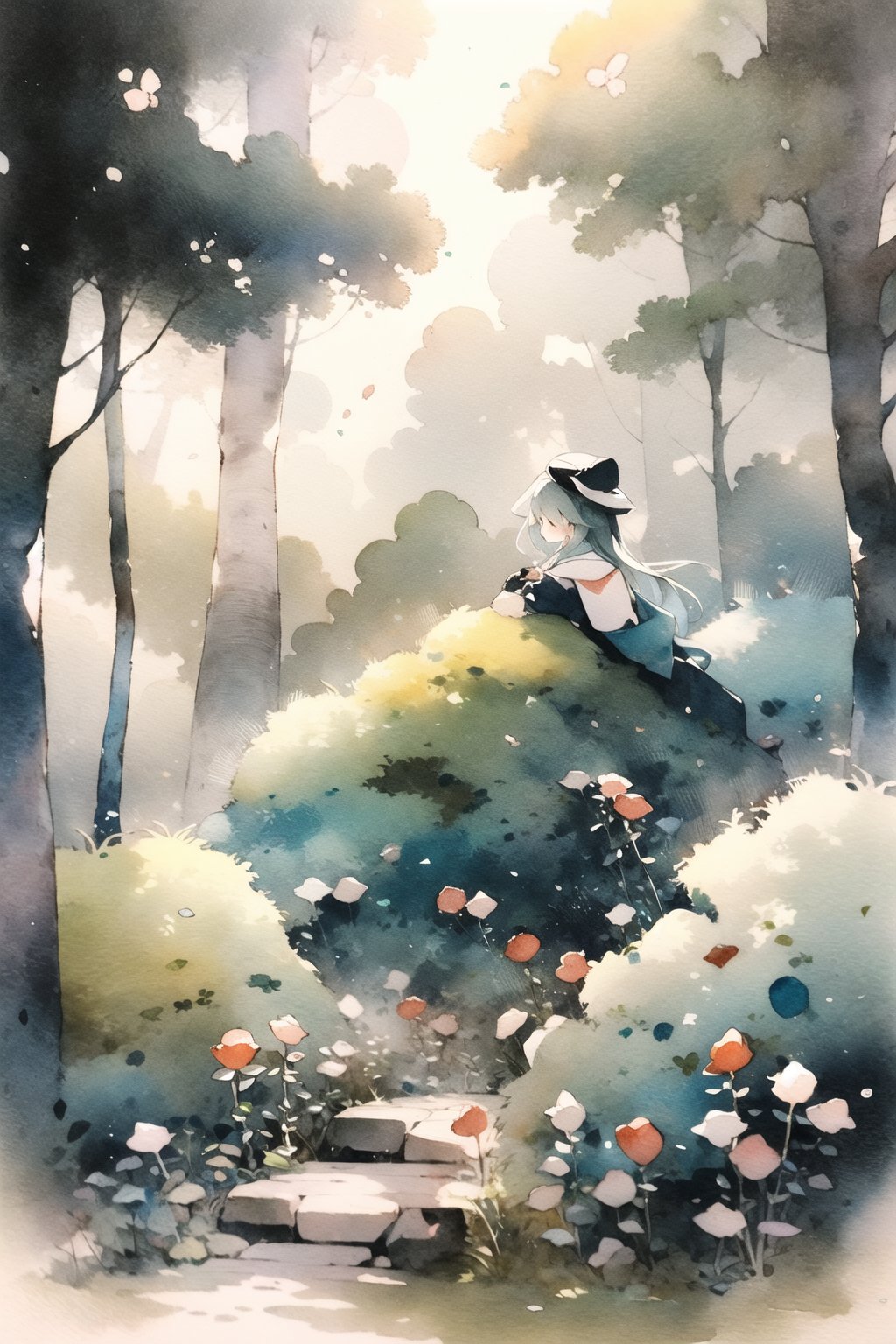 forest,watercolor_(medium),ink and wash,1girl,watercolor \(medium\),