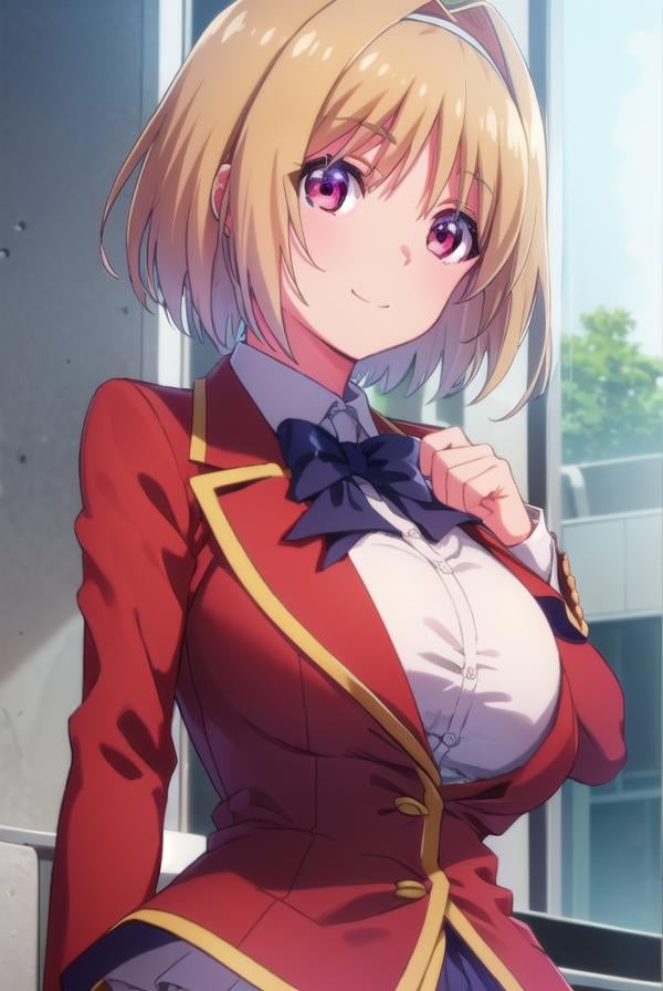 kikyoukushida, <lora:kikyou kushida s2-lora-nochekaiser:1>,kikyou kushida, short hair, blonde hair, (red eyes:1.3), hairband, hair intakes, smile,BREAK shirt, long sleeves, bow, school uniform, jacket, white shirt, bowtie, blue bow, blazer, (red blazer:1.5),BREAK indoors, classroom,BREAK looking at viewer, (cowboy shot:1.5),BREAK <lyco:GoodHands-beta2:1>, (masterpiece:1.2), best quality, high resolution, unity 8k wallpaper, (illustration:0.8), (beautiful detailed eyes:1.6), extremely detailed face, perfect lighting, extremely detailed CG, (perfect hands, perfect anatomy),