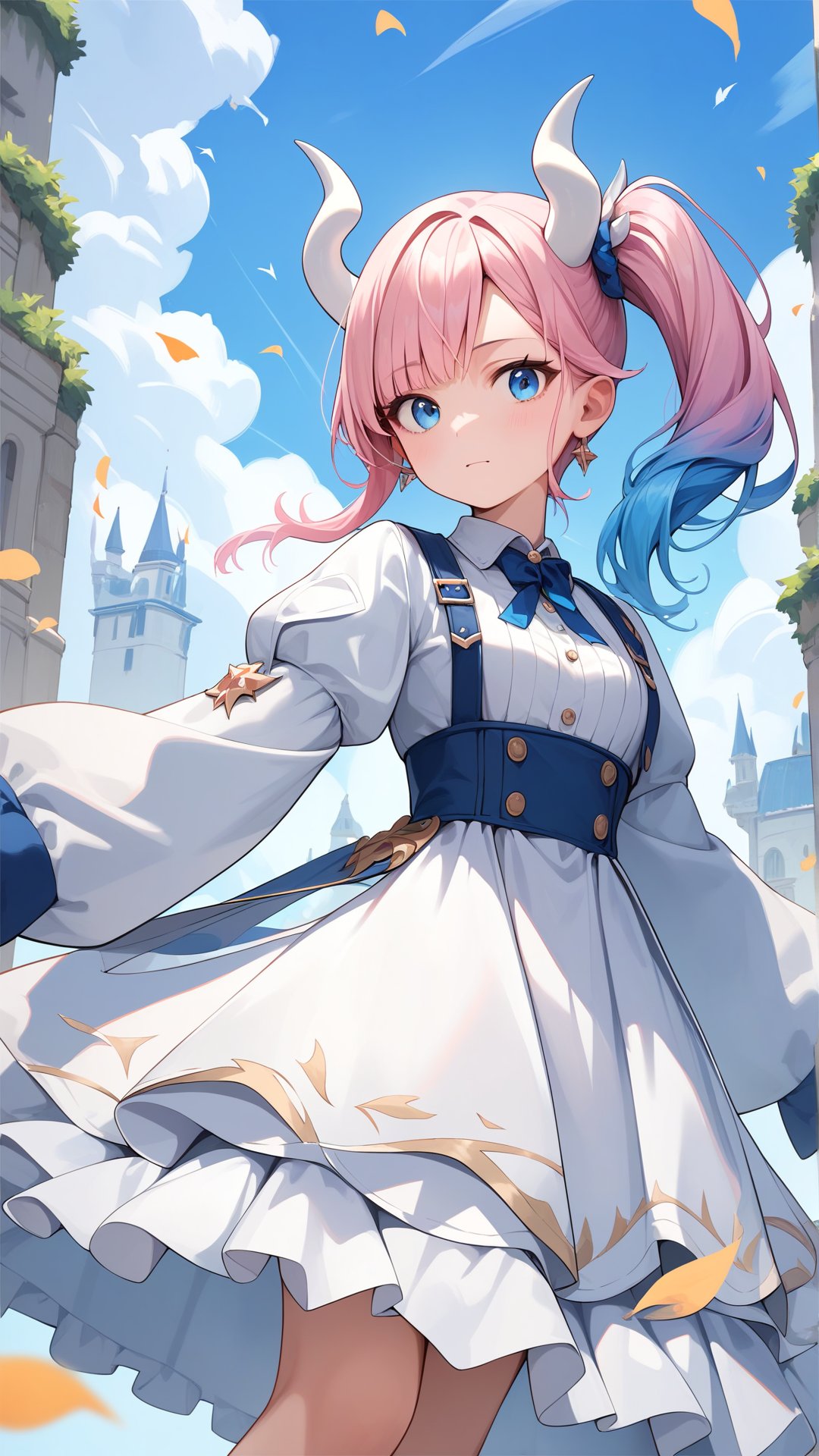 Score_9, score_8_up, score_7_up, masterpiece, best quality, 1girl, blue eyes, (Gradient hair:1.1), White horns, Side ponytail, Light Pink hair with blue hair tips, (Dress:1.0), Sleeves