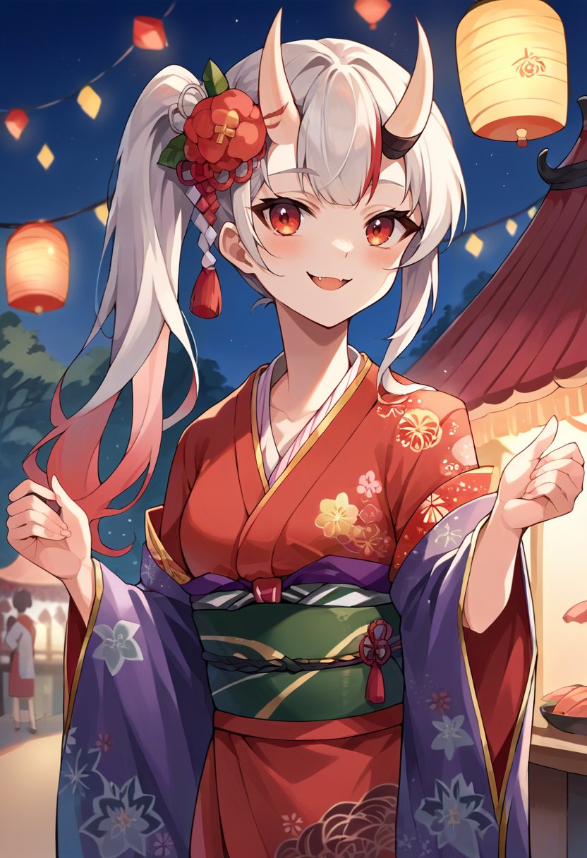 score_9, score_8_up, score_7_up, source_anime, 1girl, solo, AyameNewYears, oni horns, long hair, side ponytail, red kimono, floral print, hair flower, sash, haori, outdoors, festival, night, paper lanterns, food stalls, smile, fang, blush, <lora:NakiriAyamePDXL:1>