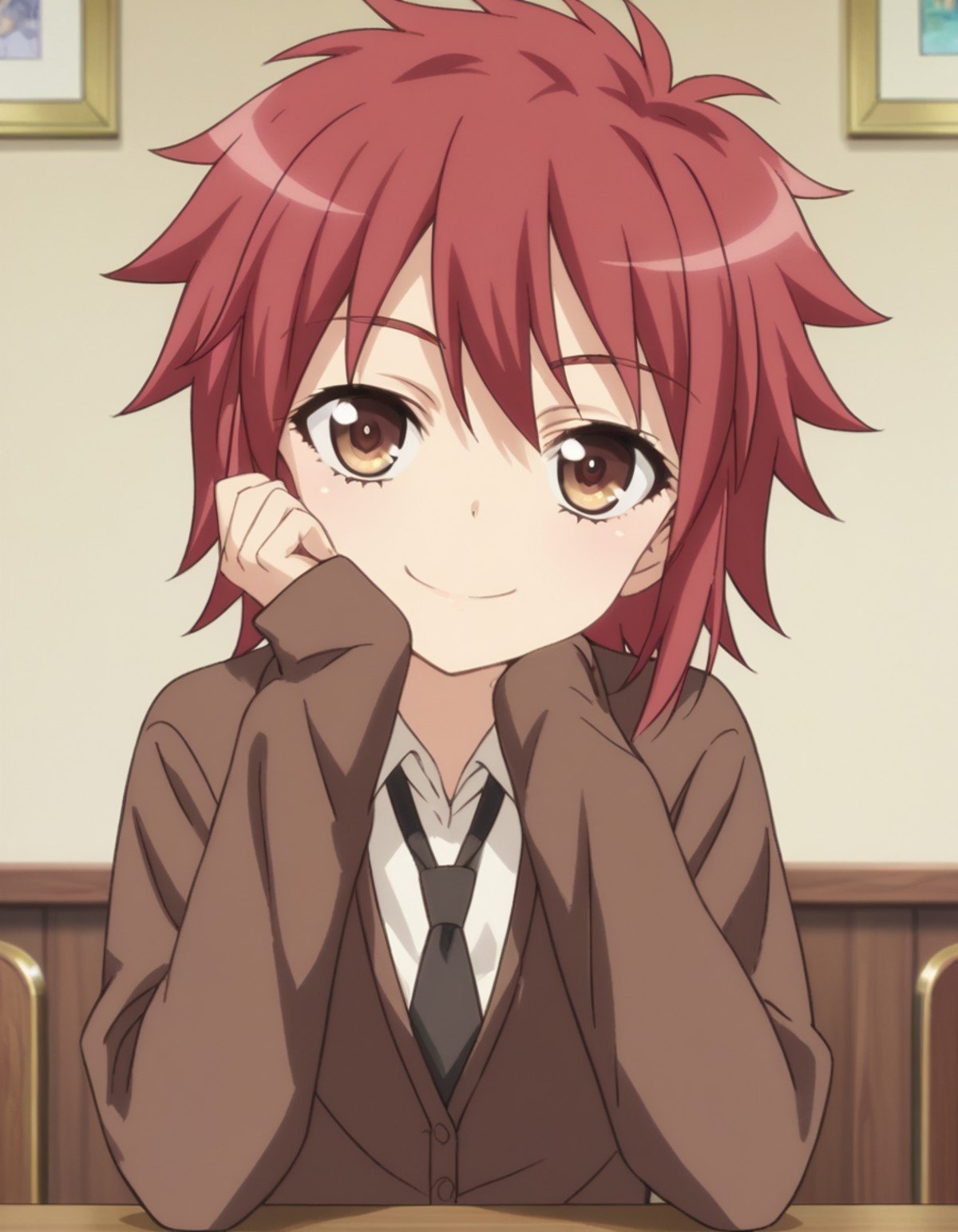 score_9, score_8_up, score_7_up, source_anime, <lora:aoi-yusa-s2-ponyxl-lora-nochekaiser:1>, aoi yusa, short hair, brown eyes, red hair,, school uniform, necktie, shirt, white shirt, collared shirt, cardigan, brown cardigan,, indoors, smile, looking at viewer, solo, sitting, head rest,, cowboy shot, dutch angle