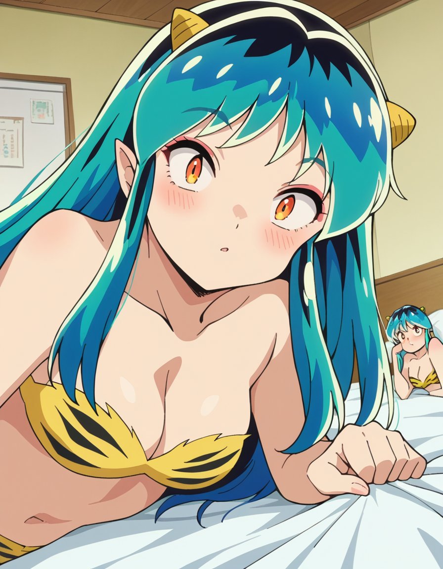 score_9, score_8_up, score_7_up, source_anime,uruseilum, <lora:urusei-lum-anime-s1-ponyxl-lora-nochekaiser:1>,lum, long hair, bangs, blue hair, orange eyes, horns, pointy ears, aqua hair, oni horns, eyeshadow,navel, cleavage, swimsuit, bikini, strapless, animal print, yellow bikini, tiger print, strapless bikini,indoors, bed, bed room, on side, blush, drunk,looking at viewer, dutch angle, cowboy shot,