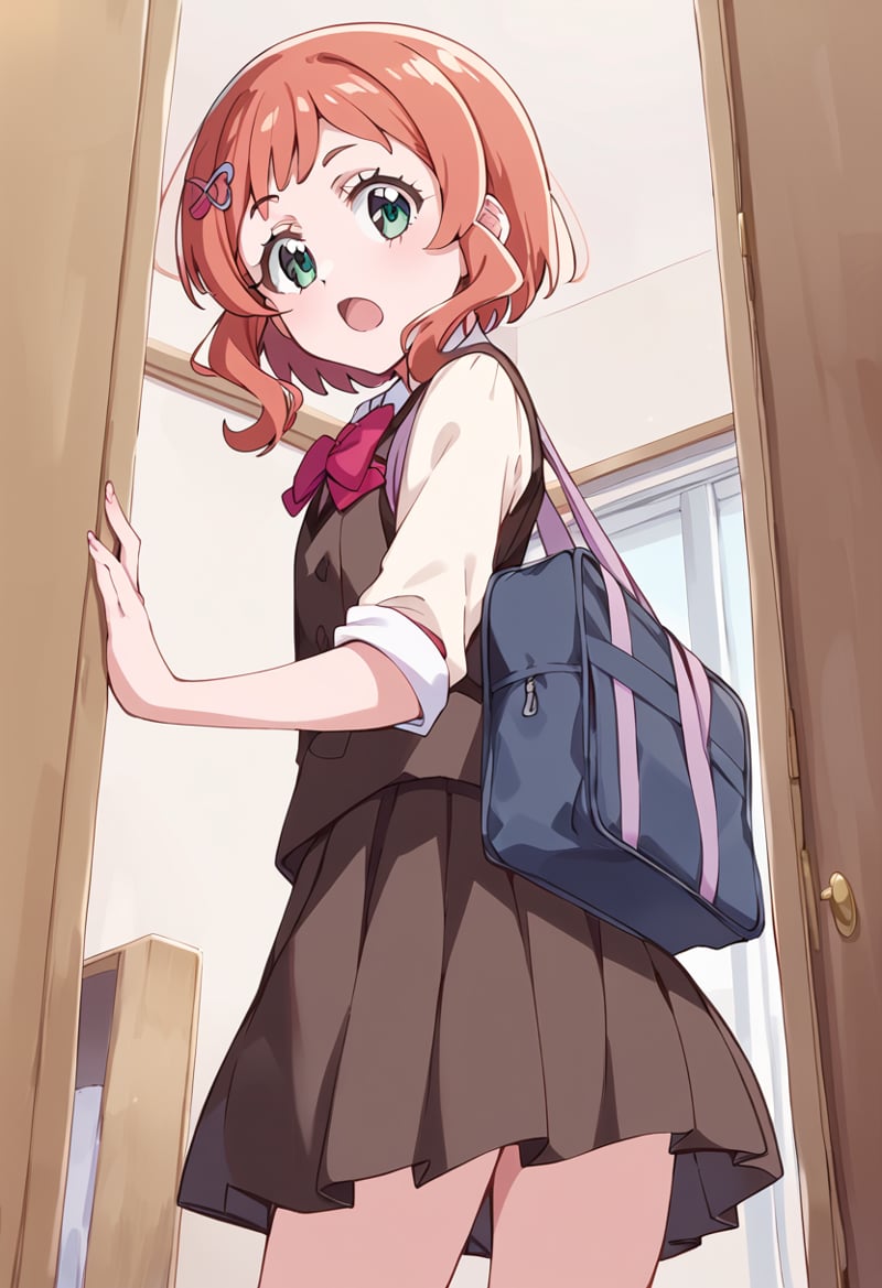 score_9, score_8_up, score_7_up, source_anime, BREAKinukai iroha, wan-nyan-chu school uniform, 1girl, open mouth, school uniform, hairclip, orange hair, door, short hair, school bag, green eyes, pleated skirt, aqua eyes, solo, pink hair, heart hair ornament, :o, cowboy shot, looking at viewer, bangs, short sleeves, looking back, indoors, standing, medium hair, red hair, leaning forward, shoulder bag, from side, miniskirt, black skirt, eyelashes, running, white shirt, brown hair, bag charm, hairpin, long sleeves, surprised, pink bow, shiny hair, blue bag, from behind, brown skirt, striped background, looking down, pleated dress, blonde hair, brown vest, black vest, pink neckwear, ribbon, puffy sleeves, looking to the side, blush, from below, red bow, red neckwear, anime coloring, sleeves rolled up, pink bowtie, red bowtie, brown dress,<lora:cure_friendy_inukai_iroha_sdxl_locon_pony_v1:0.7>