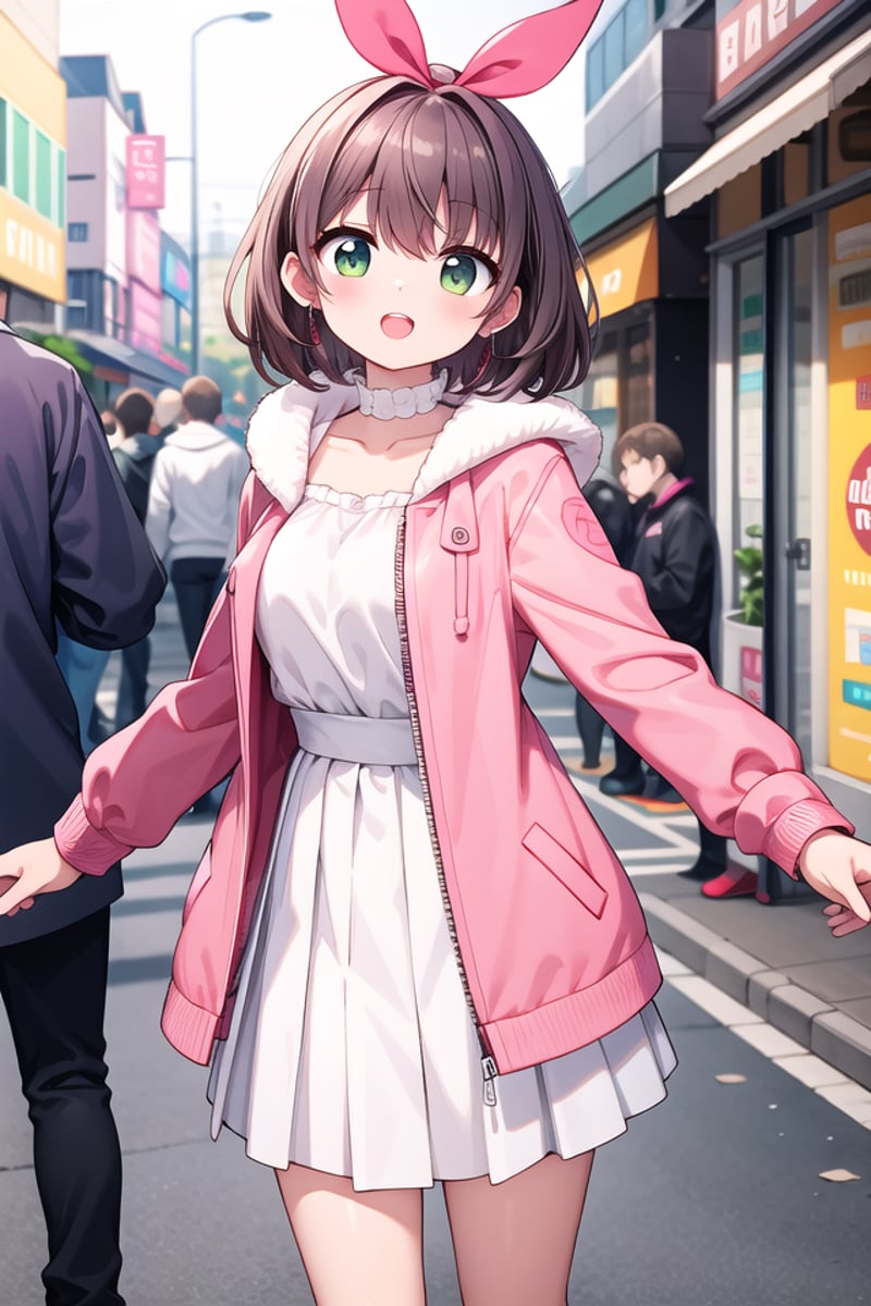 <lora:talkmouth_U_type1_v200:1>insanely detailed, absurdres, ultra-highres, ultra-detailed, best quality,1girl, solo, nice hands, perfect handsBREAK(pink and white theme:1.4), (Wearing a (long sleeve pink coat with fur color) over a white high neck blouse:1.4), (fur cuffs:1.3), (double pillar button:1.3), (pocketless:1.4), (plain ivory-white pantyhose:1.4), (pink heeled boots with lace-up:1.2)    BREAK    (wine-red pleated skirt:1.3)    BREAK    (naked skin:-1), (See-through:-1), (pocket:-1), (black pantyhose:-1), (wine:-1), (red coat:-1), (white coat:-1), (red tops:-1), (white skirt:-1), (pink skirt:-1), (black skirt:-1), (text on clothes:-1), ((mark, logo, pattern) on pantyhose:-1), (tone pantyhose:-1), (bare shoulders:-1)BREAK(nsfw:-1.5)BREAKsmile, open mouthBREAK,standing, cowboy shot, looking at viewerBREAKslender, kawaii, perfect symmetrical face, ultra cute girl, ultra cute face, ultra detailed eyes, ultra detailed hair, ultra cute, ultra beautifulBREAKin street, cityscape in harajuku, depth of field, ultra detailed backgroundBREAKlarge breastsBREAKorange hair, green eyes, spiked hair, 