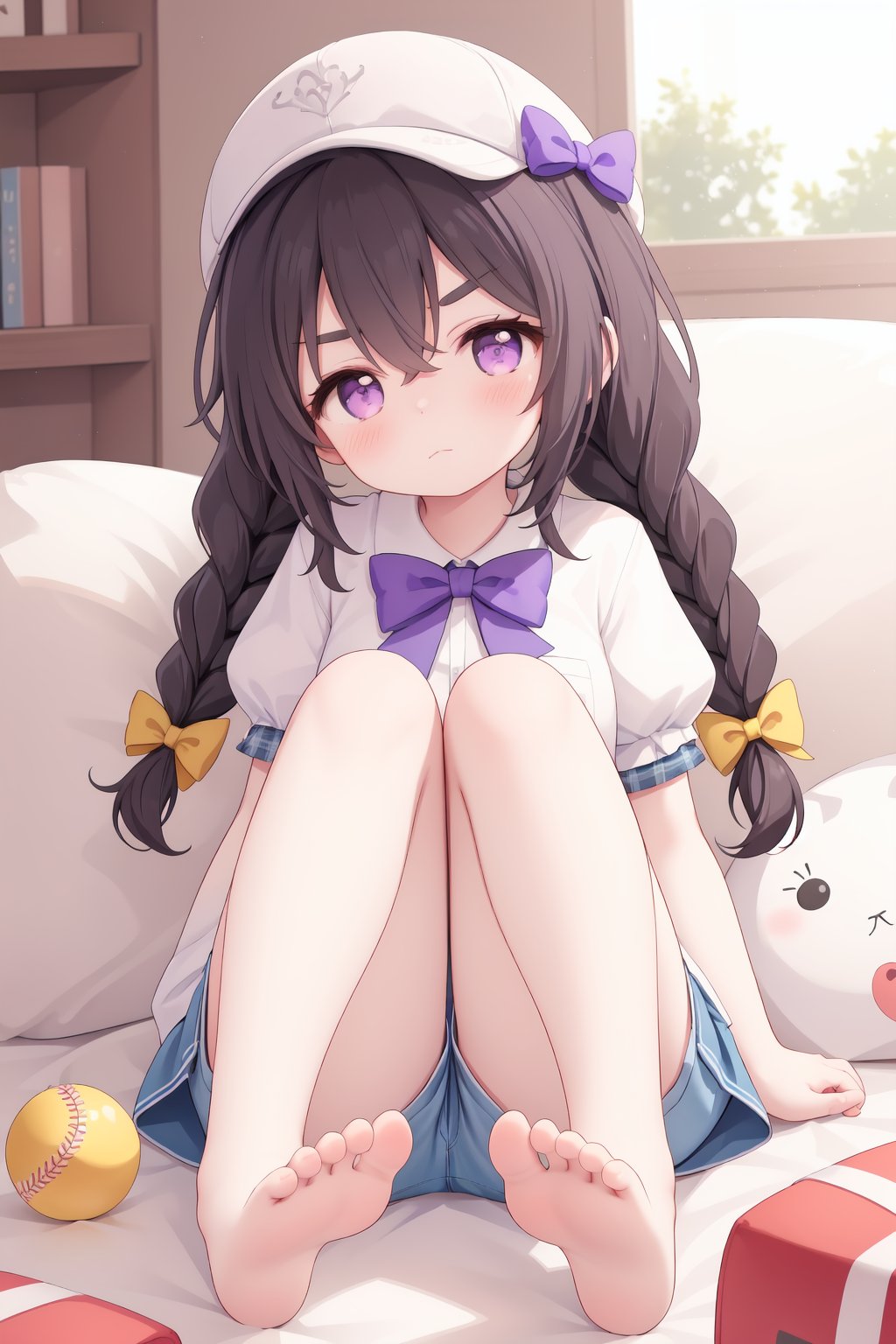 1girl, blue shorts, solo, shorts, twin braids, long hair, hat, plaid bow, baseball cap, closed mouth, yuni \(princess connect!\), short sleeves, barefoot, blush, white shirt, purple eyes, white headwear, bangs, puffy sleeves, hair bow, blue bow, hair between eyes, looking at viewer, brown hair, name tag, knees up, sitting, feet, v-shaped eyebrows, 