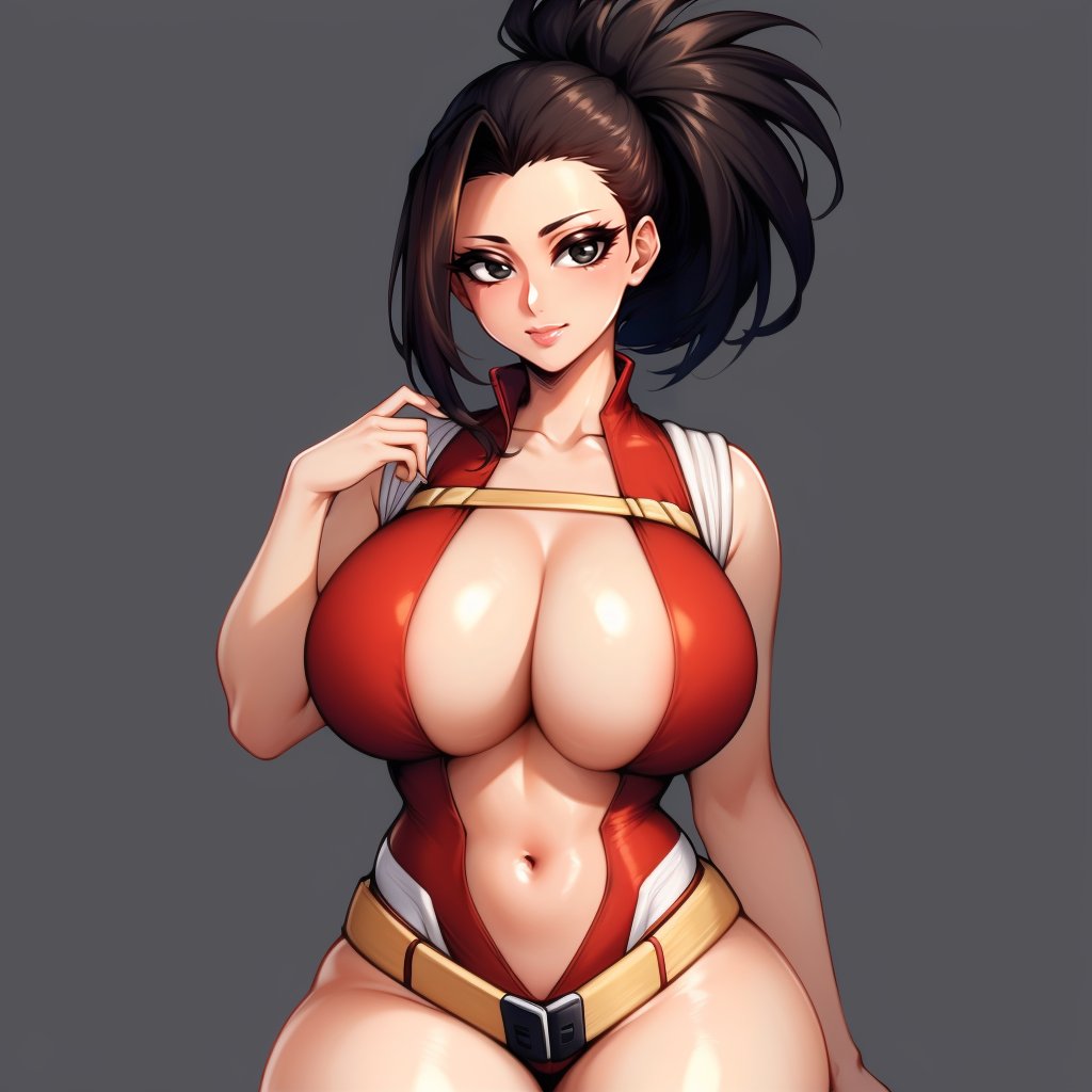 (masterpiece, best quality:1.3), JUGGERTUUL, 1girl, solo, looking at viewer, wide hips, mature female, simple background, closed mouth, seductive smile, large breasts, cowboy shot, thick thighs,  <lora:JUGGERTUUL Style Lora:1>, yaoyorozu Momo, black hair, ponytail, hair pulled back, black eyes, red leotard, navel cutout, bare arms, bare legs, belt,  collarbone, cleavage, <lora:yaoyorozu_momo_v1:.8>