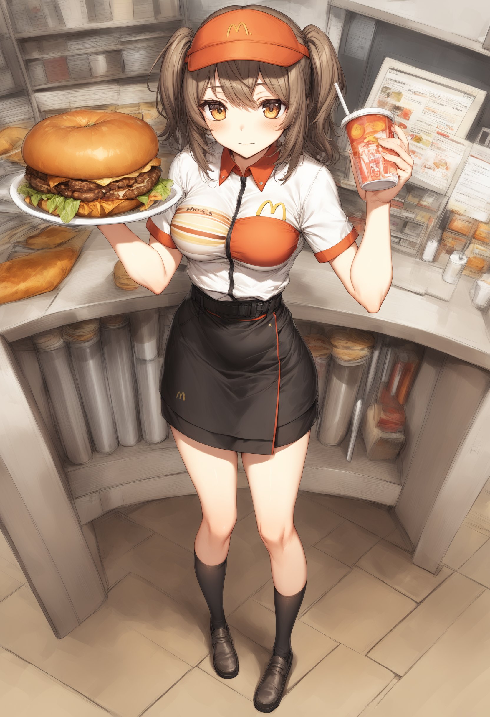 1girl, <lora:sdxl2-flat2-512b:-1>,medium breasts,solo,<lora:macXLv1:0.9>,mac,solo, employee uniform, fast food uniform, visor cap, short sleeves, clothes writing,from above, full body, looking at viewer, doyagao, closed mouth,best quality,medium quality,