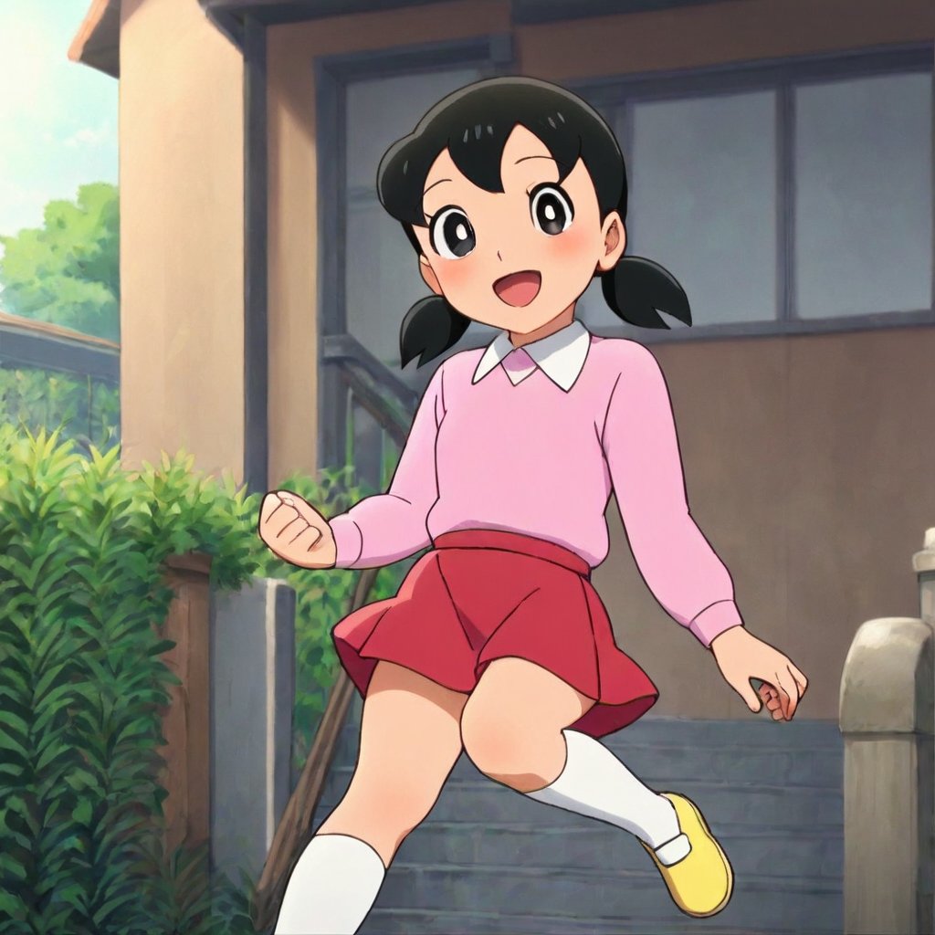 score_9, score_8_up, score_7_up, score_6_up, score_5_up, score_4_up, source_anime,minamoto shizuka,1girl, solo, skirt, outdoors, black hair, socks, white socks, twintails, red skirt, shoes, smile, shirt, open mouth, black eyes, pink shirt, looking at viewer, short twintails, kneehighs, collared shirt, long sleeves, :d, day, bright pupils, white pupils, house, low twintails, short hair, running, yellow footwear, blush,masterpiece, perfect face, best quality, beautiful girl, cute girl, beautiful eyes, shiny eyes, anime coloring, anime screencap, absurdres, outdoors, <lora:minamoto shizuka auti 903:0.8>