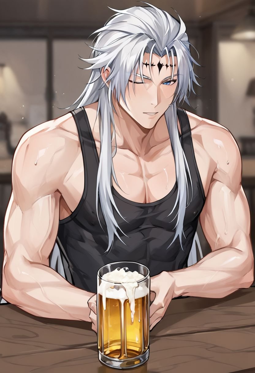 score_9,Calcharo, long white hair, forehead mark, solo male, drinks beer,