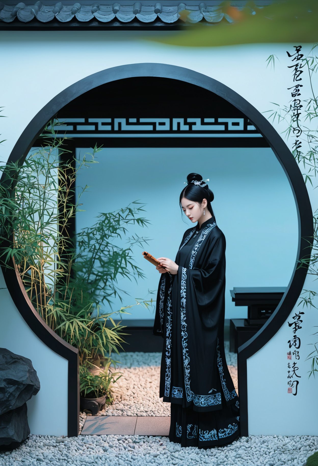 Inspired by traditional Chinese art, a woman in Hanfu reads a scroll in a moon gate garden, intricate black robe with silver embroidery, serene expression, soft blue lighting, bamboo plants, stone path, circular doorway, calligraphy on scrolls, tranquil and contemplative mood.