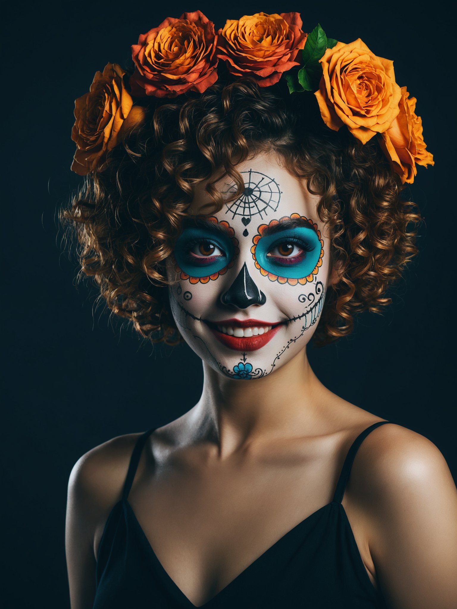 leogirl, 1girl, a dynamic, upper body portrait of a cute young woman with curly short hair, her joyous expression directed towards the viewer. Set against a dark theme, she's adorned with vibrant, Dia de los Muertos-inspired horror makeup, adding a pop of color to the scene. This action-packed pose exudes a lively energy, illuminating her captivating sexy.