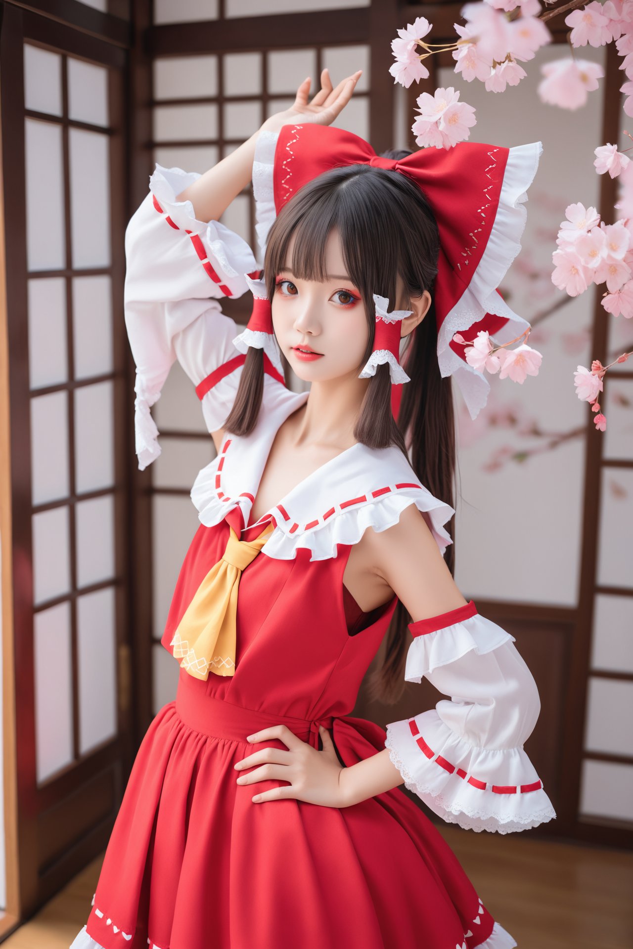 masterpiece,Realism,best quality,loli,1girl,hakurei reimu,bow,solo,hair bow,hair tubes,red bow,ascot,red skirt,detached sleeves,frills,hand on own hip,skirt,long hair,realistic,wide sleeves,brown hair,yellow ascot,blurry,frilled bow,frilled shirt collar,ribbon-trimmed sleeves,red lips,cherry blossoms,ribbon trim,shirt,lips,sidelocks,skirt set,parted lips,looking at viewer,makeup,sliding doors,red shirt,depth of field,hand up,indoors,red vest,brown eyes,sleeveless shirt,lipstick,blurry foreground,arm up,ponytail,flower,black hair,sleeveless,black eyes,dutch angle,long sleeves,ribbon,parody,cowboy shot,vest,