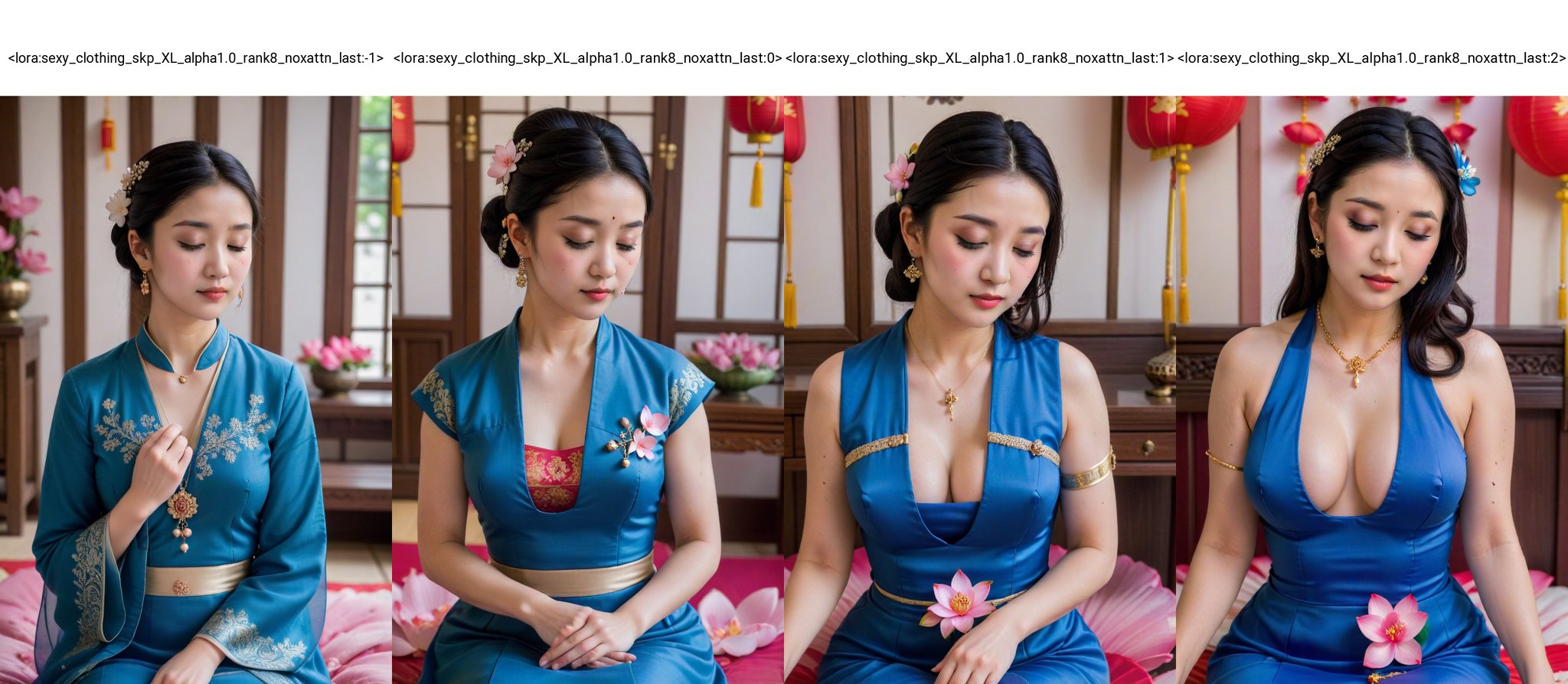 1girl, solo, black hair, hair ornament, dress, jewelry, sitting, closed eyes, flower, earrings, necklace, bracelet, blue dress, chinese clothes, own hands together, facing viewer, lotus, praying <lora:sexy_clothing_skp_XL_alpha1.0_rank8_noxattn_last:-1>