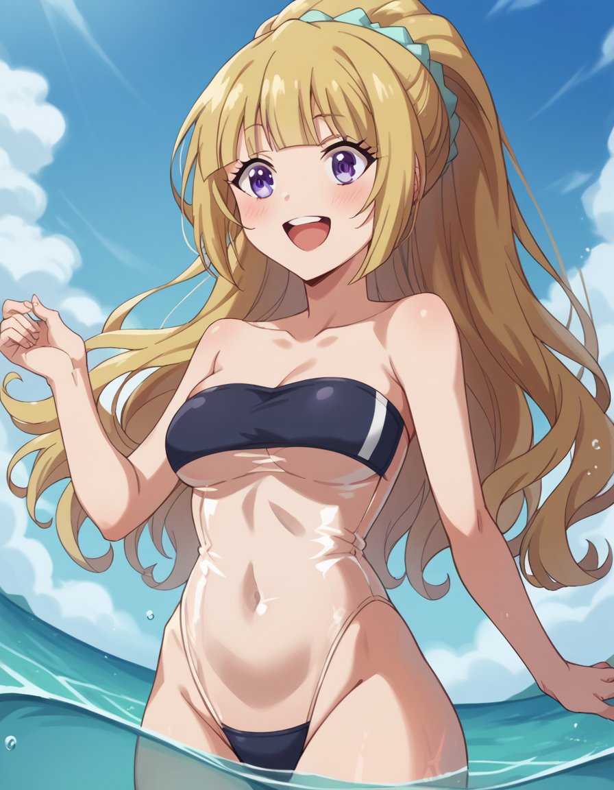 score_9, score_8_up, score_7_up, source_anime, keikaruizawa, <lora:kei-karuizawa-anime-s2-ponyxl-lora-nochekaiser:1>, kei karuizawa, long hair, bangs, blunt bangs, purple eyes, blonde hair, hair ornament, ponytail, scrunchie, blue scrunchie,, <lora:gris-swimsuit-ponyxl-lora-nochekaiser:1>, gris swimsuit, see-through one-piece swimsuit, strapless one-piece swimsuit, double verticle stripe, highleg swimsuit, covered navel, see-through, strapless, underboob,, outdoors, beach, submerged, water, blush, smile, open mouth,, cowboy shot, dutch angle,