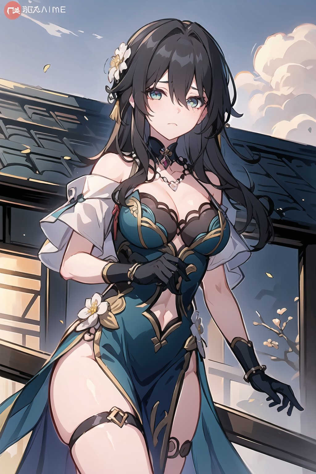 masterpiece,best quality,detialed,ruanmei,ruanmei_official,chinese dress,breasts,long hair,hair between eyes,black hair,bangs,medium breasts,cleavage,hair ornament,thigh strap,white flower,beads,gloves,jewelry,flower,dress,earrings,bare shoulders,blue dress,hair intakes,ruby necklace,black choker,green eyes,blue eyes,<lora:阮梅-0.8-逐辰十七:0.8>,1girl,rooftop,doujinshi doujin cover,Sad,breast conscious,flowers meadows,golden hour lighting,